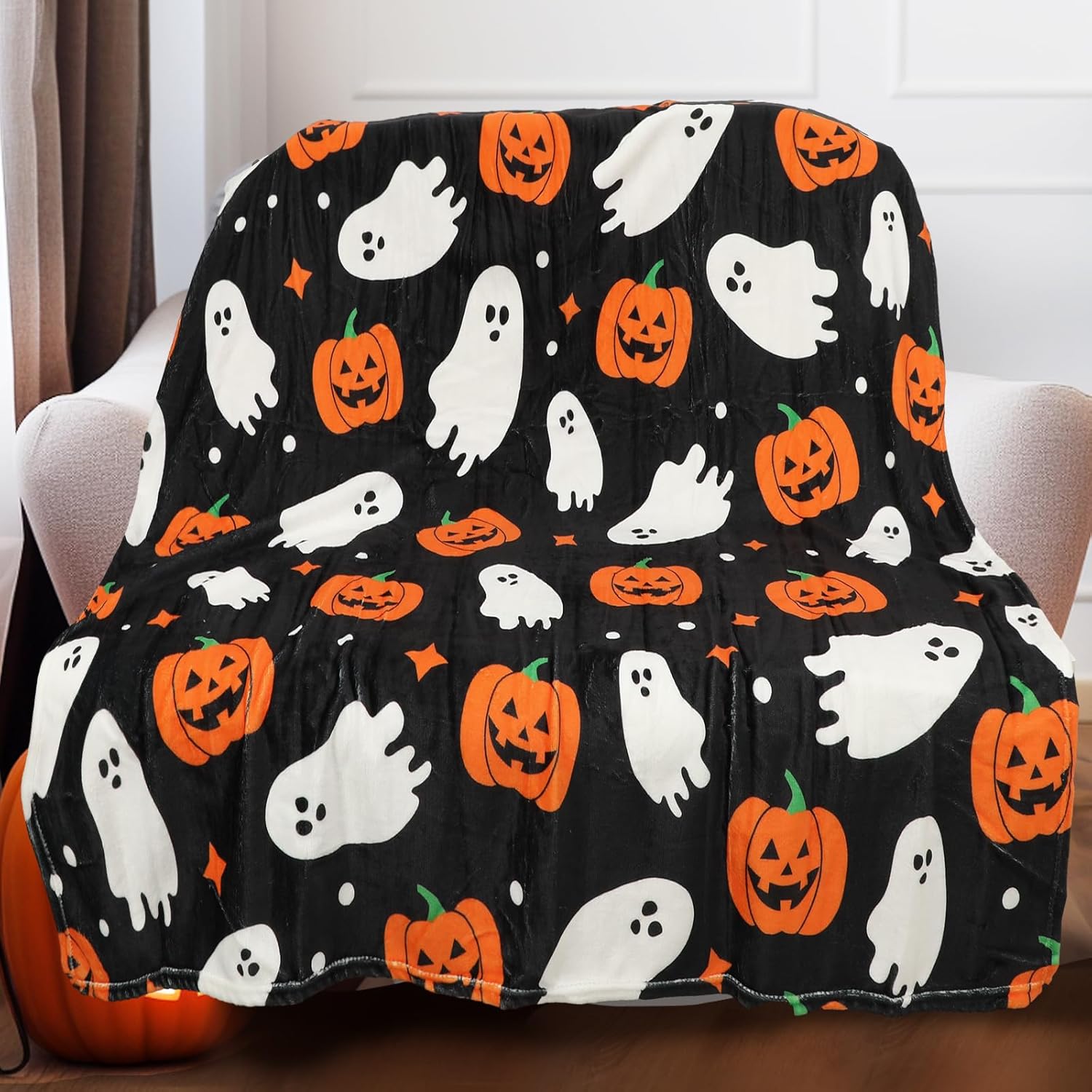 JarThenaAMCS Halloween Throw Blanket Ghost Pumpkin Throw Blanket Black White Orange Soft Plush Blanket for Halloween Home Bed Sofa Couch Chair, 50 x 60 Inch - Image 6