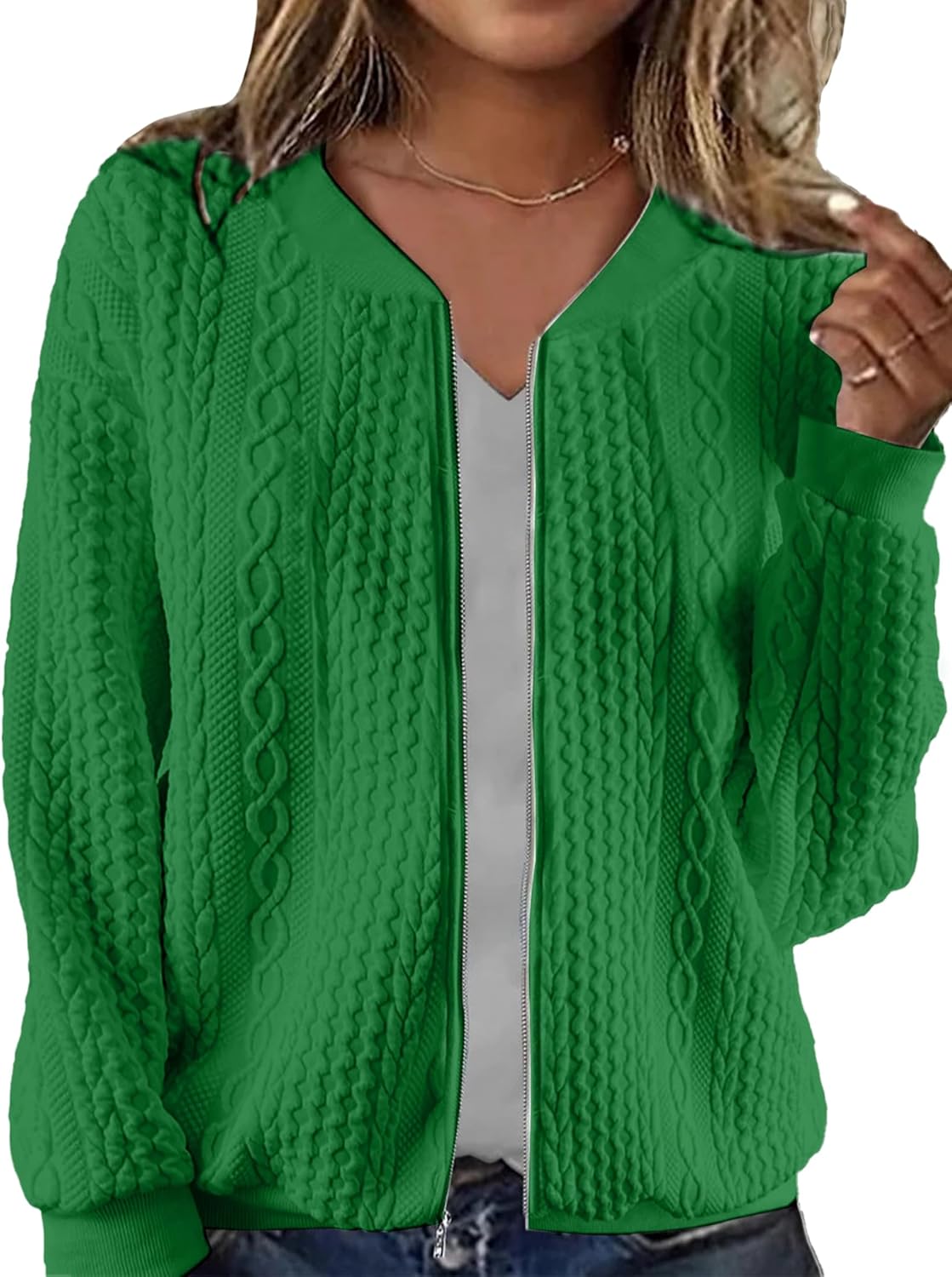 Women's Zip Up Cardigan Sweater Cable Hoodies Long Sleeve Jacket Outfits Crewneck Casual Coat