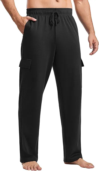 PINSPARK Mens Cargo Sweatpants with Pockets Cotton Black Sweatpants Men Open Bottom Lightweight Jogger Sweat Pants Wide Leg