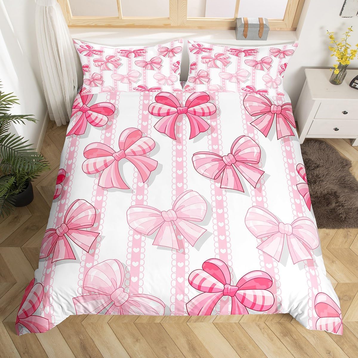 Erosebridal Pink Kawaii Bowknot Toddler Comforter Cover Cute Cartoon Bow Bedding Set for Kids Girls Teen Women Bedroom Decor,Dreamy Princess Butterfly Knot Duvet Cover Watercolor Lace Bow Bed Set