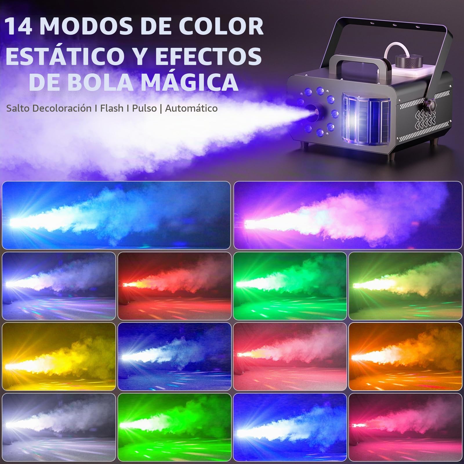 1200W Máquina de Humo, Máquina de niebla de con efecto de bola mágica y 9 LEDs RGB, 4 modos dinámicos + 14 colores de ambiente estáticos, control remoto inalámbrico, para DJ, Halloween,eventos en esce