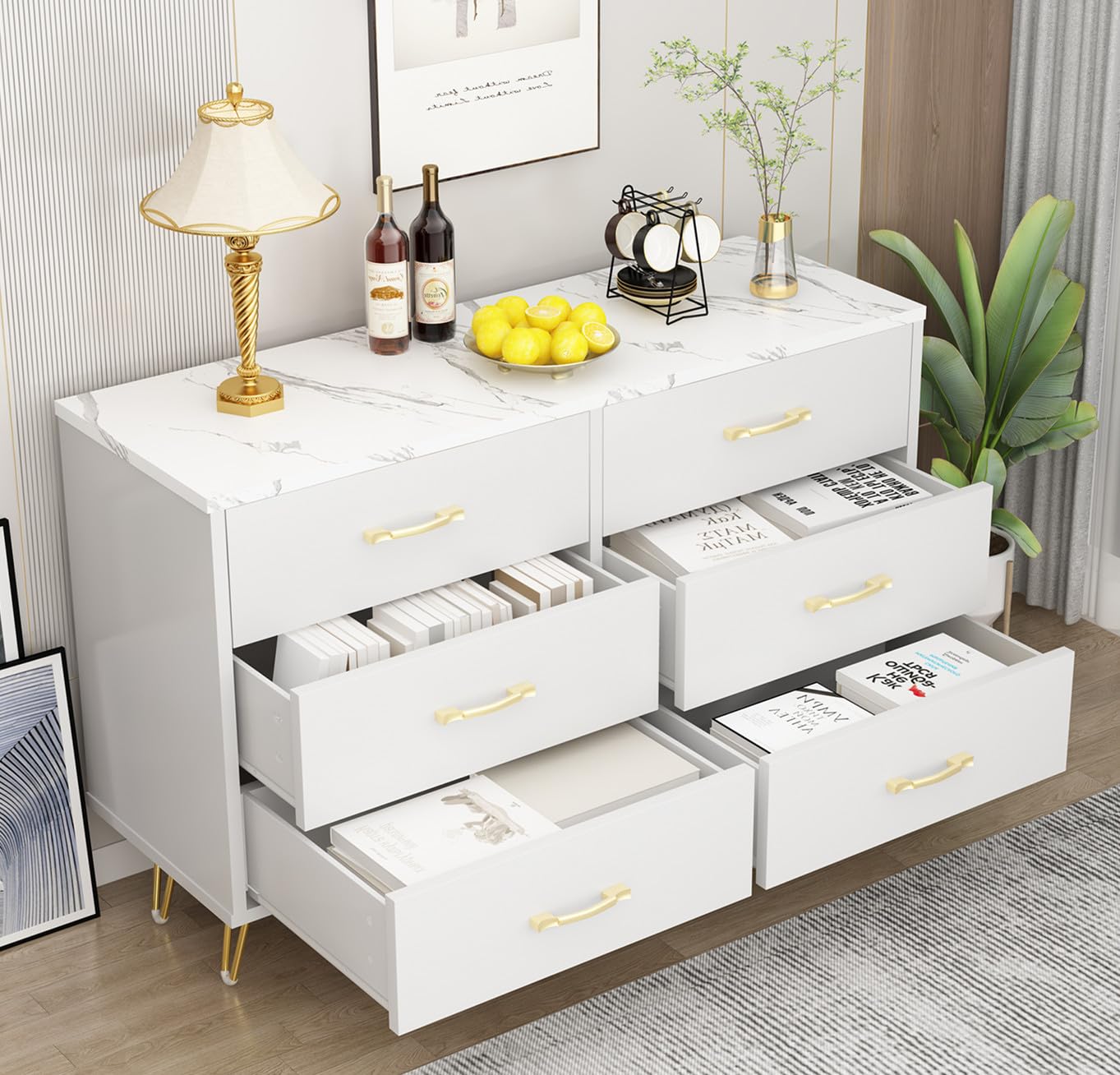 Hooseng6 Drawer Dresser for Bedroom, White Dresser, Modern Large Double Dresser with Faux Marble Top and Wide Drawers, Storage Organizer Dresser, Chests of Drawers for Hallway, Living Room, Bedroom