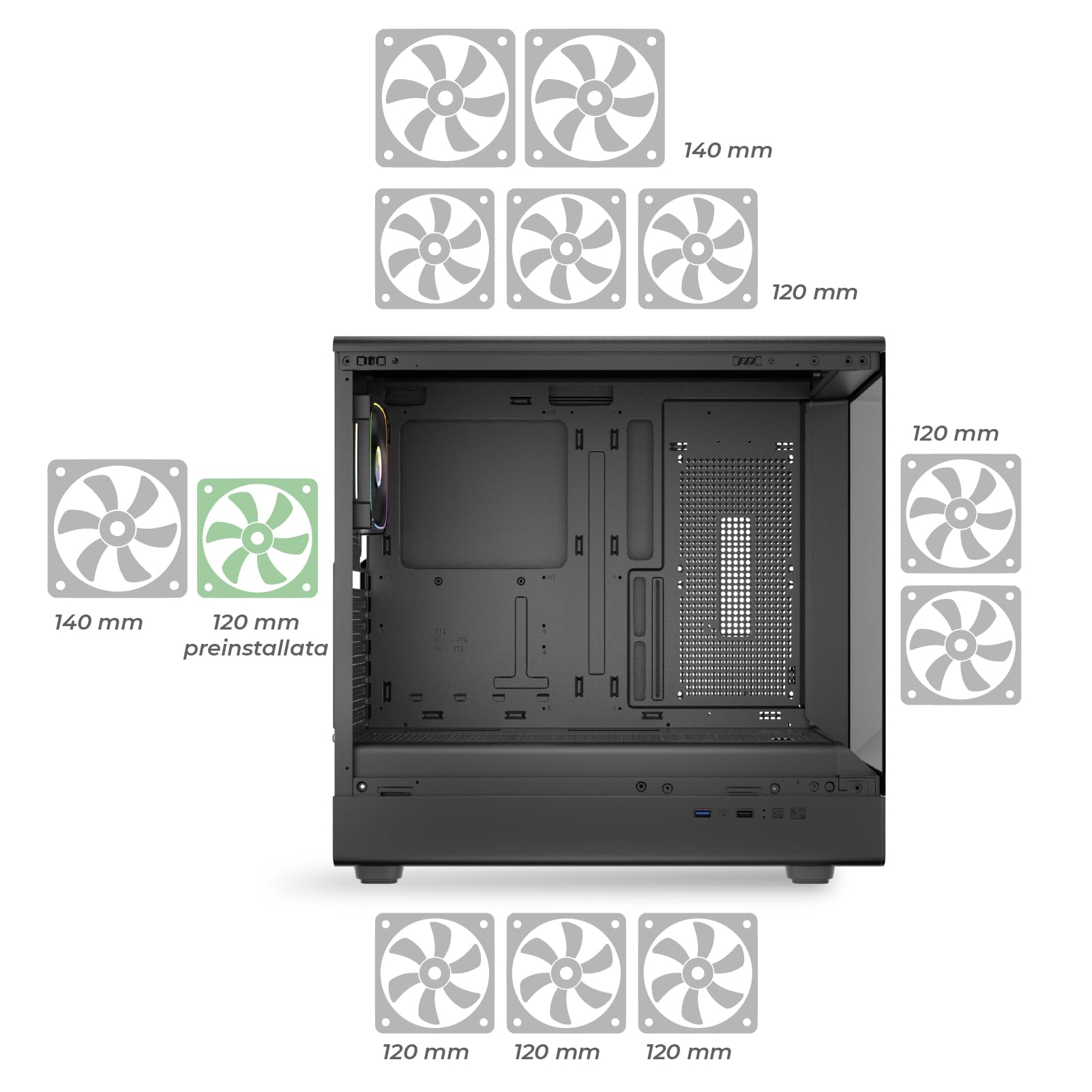 Noua Diamond CK100 | Case PC Gaming ATX Mid Tower | Ventola PWM Led ARGB | USB 3.0 | Supporto Raffreddamento Liquido 360 mm | Doppio Vetro Temperato Continuo - Nero