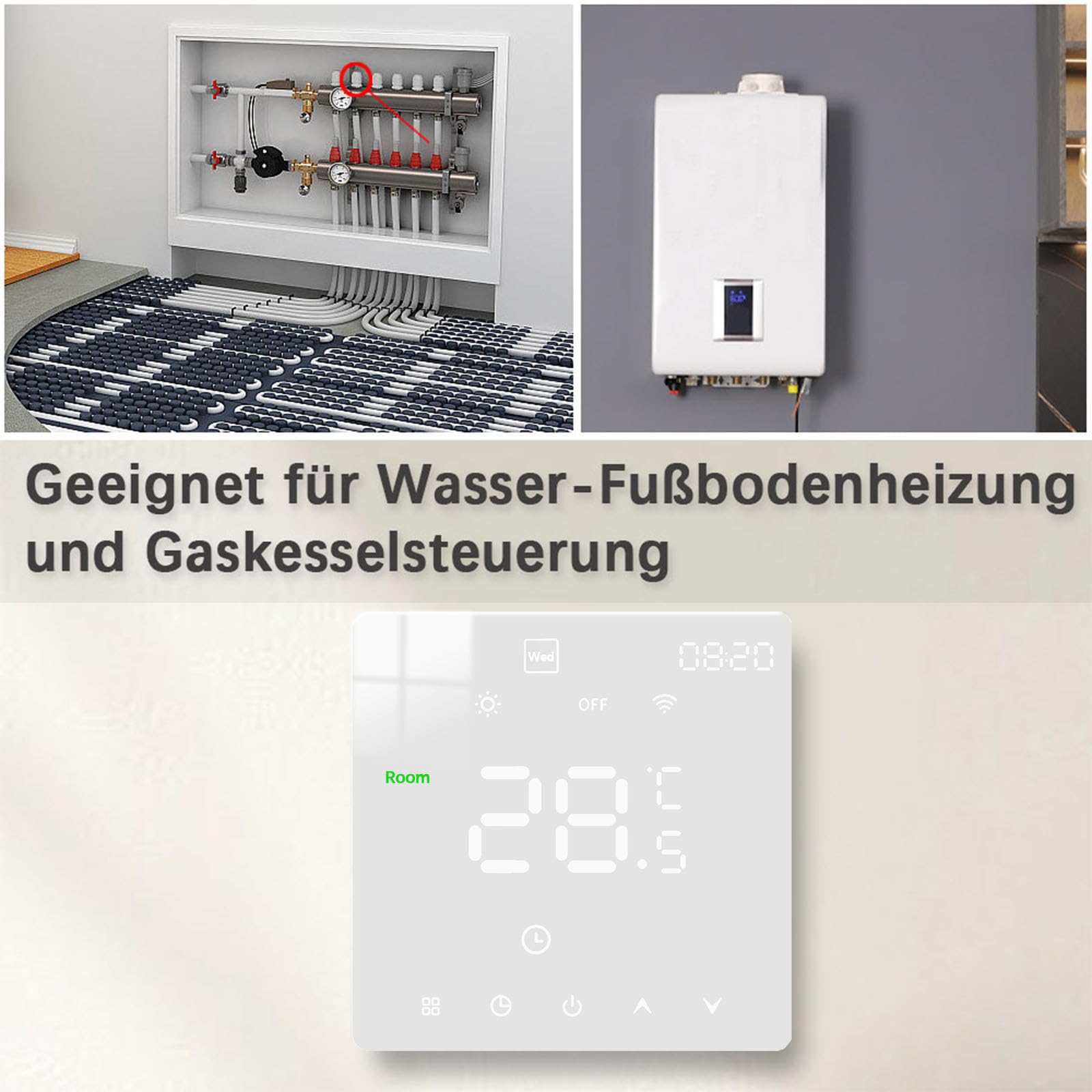 WiFi Thermostat Fussbodenheizung Für Wasser Fußbodenheizung, Programmierbar Raumthermostat, Thermostate Heizung kompatibel mit Alexa, Google Home, Tuya, 230V Weiß