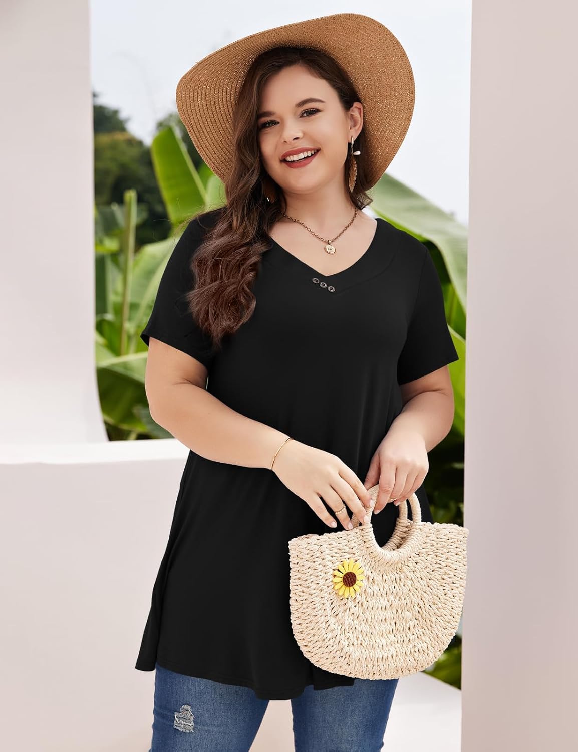 MONNURO Womens Plus Size Tops Short Sleeve Button Down Basic Tunics Summer Swing T Shirts Casual V Neck Blouses for Leggings - Image 4