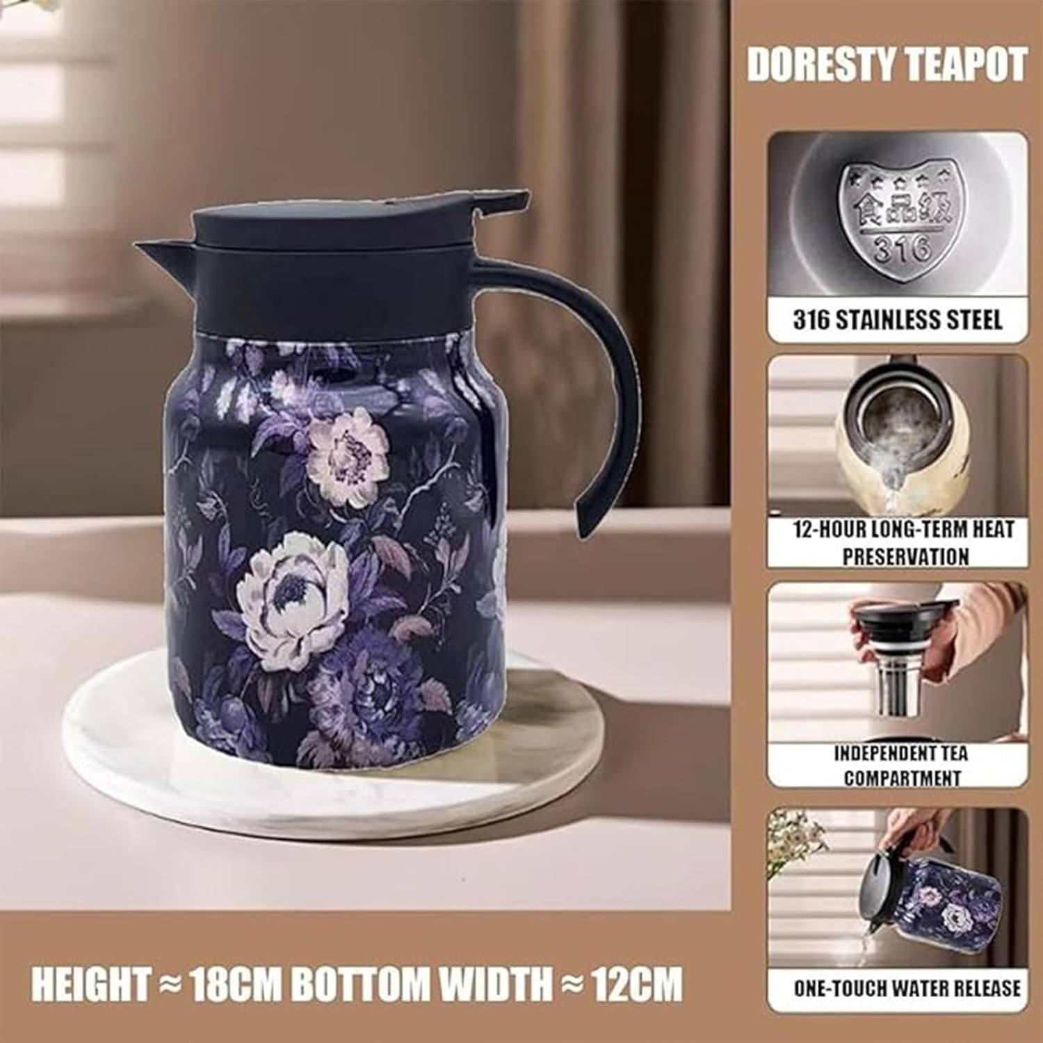 Vintage Floral Pattern Tea, Tea Pot Built-In Infuser, Stainless Steel Teapot Carafe with Lid for Hot Drinks (Style A,1000ml)