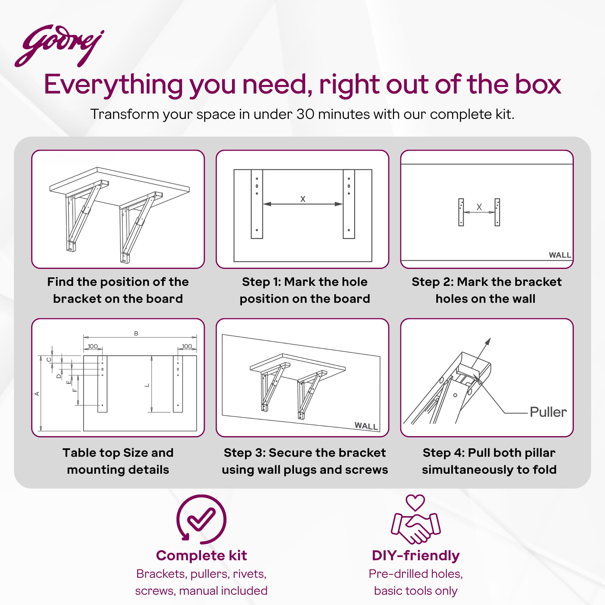 Godrej Folding Table Bracket - Space Saving Wall Mount -8