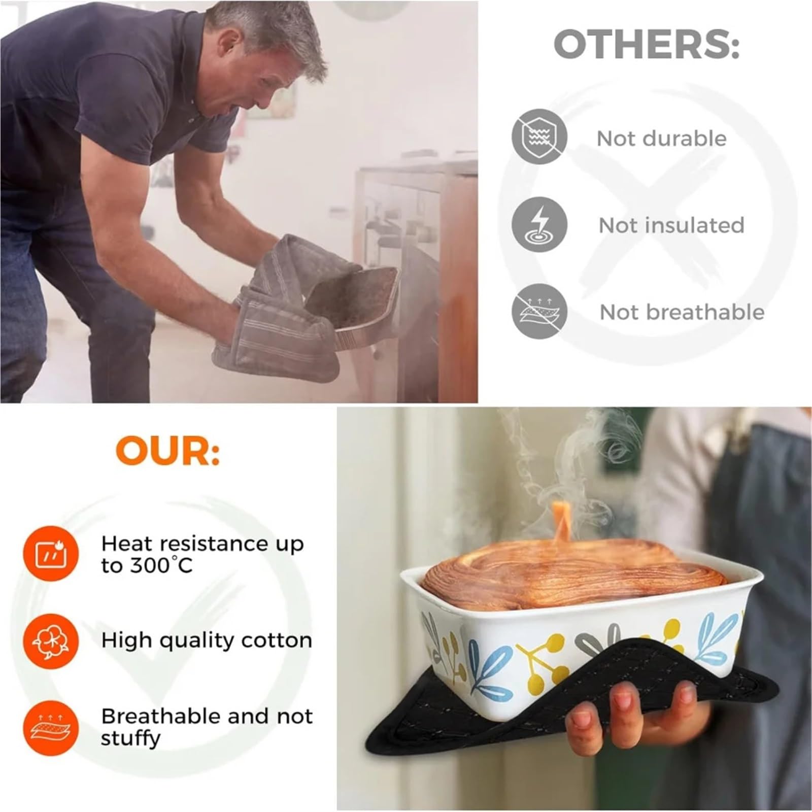 Ensemble de 4 Gants Four et Coussinets poêle, d'isolation Thermique Cuisine 500 °F, antidérapants à Rayures en Silicone, résistant la Chaleur pour Cuisine