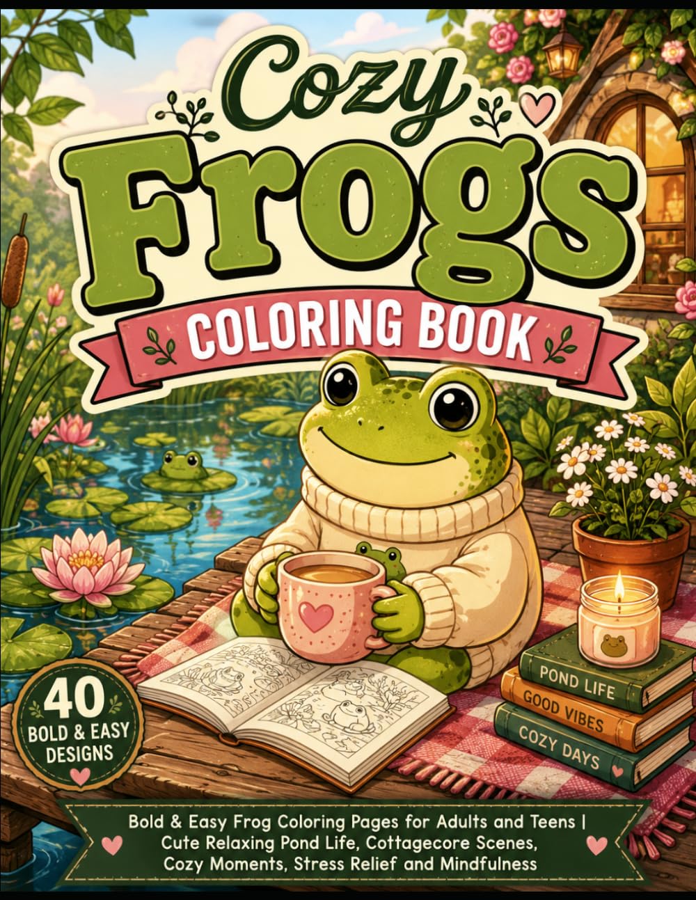 Cozy Frogs Coloring Book: Bold & Easy Frog Coloring Pages for Adults and Teens | Cute Relaxing Pond Life, Cottagecore Scenes, Cozy Moments, Stress Relief and Mindfulness