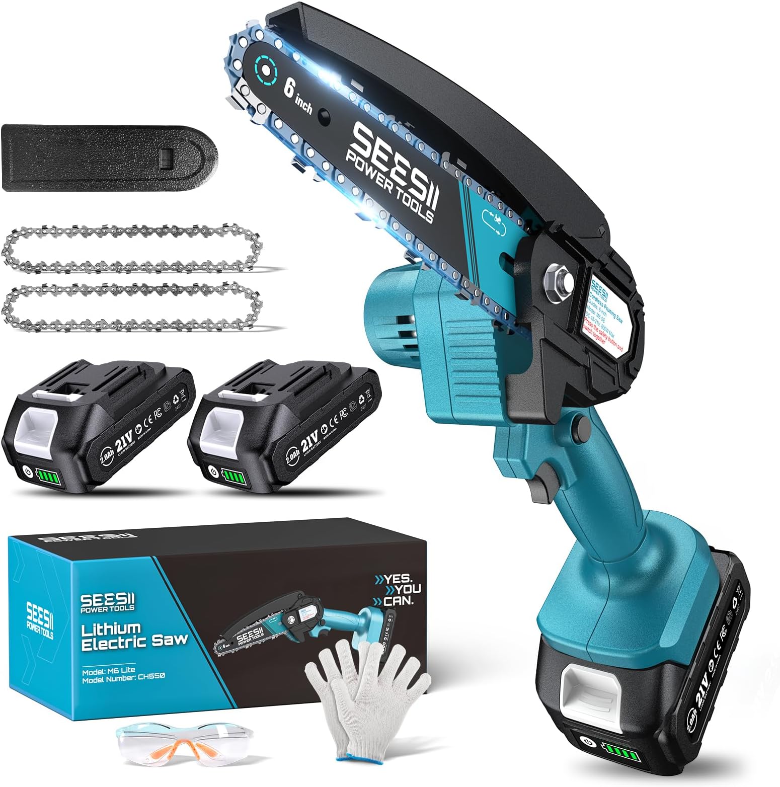 Seesii Mini Chainsaw, 6-inch Mini Chainsaw Cordless, Handheld Electric Power Chain Saw with 2 Batteries, for Tree Trimming Wood Cutting, Best Gifts for Father, Dad, Husband, Men