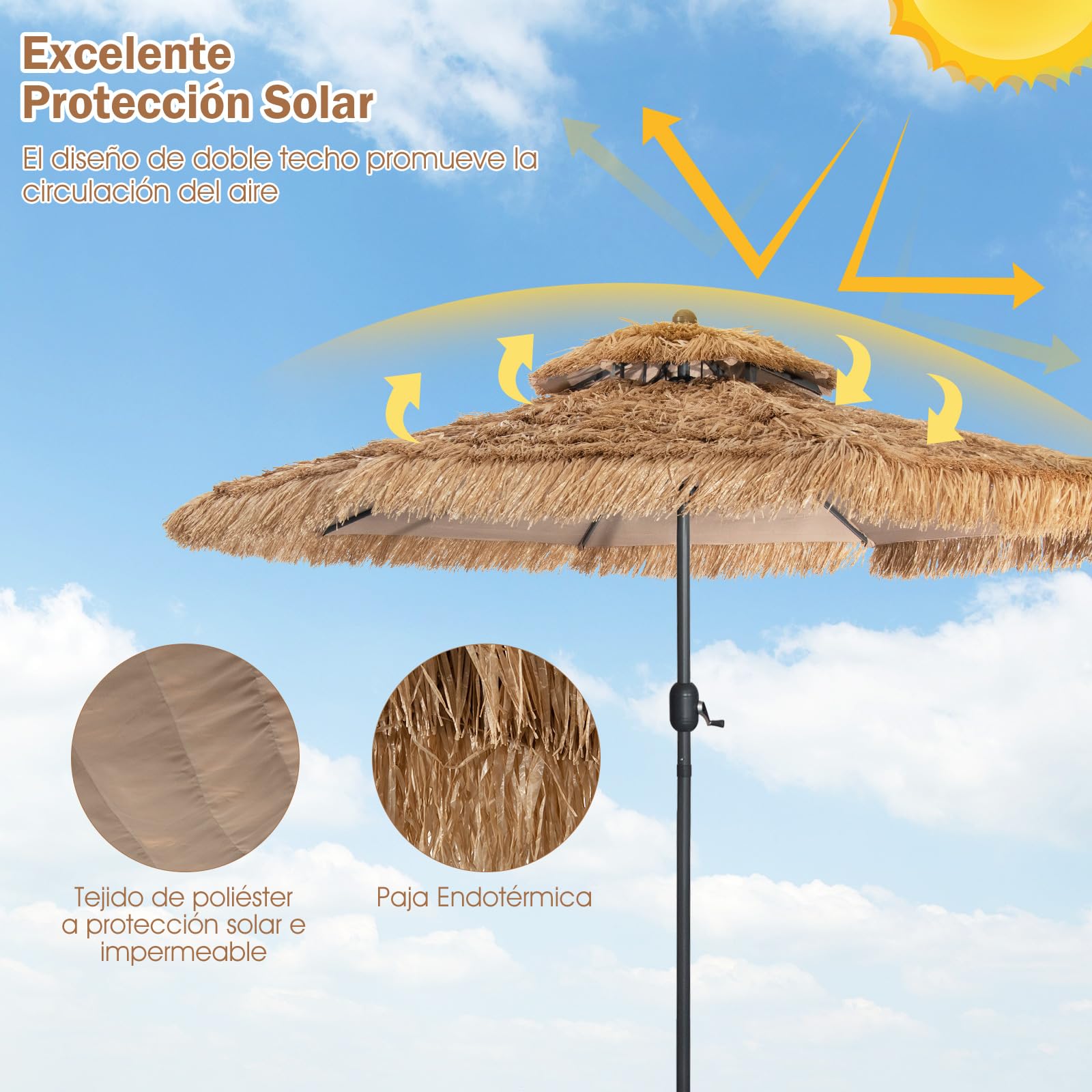 GOPLUS Sombrilla Paja Hawaiana 3/2,7m, Parasol de Jardin Inclinable con 8 Varillas, Sombrilla Terraza Exterior con Techo Doble para Piscina，Patio