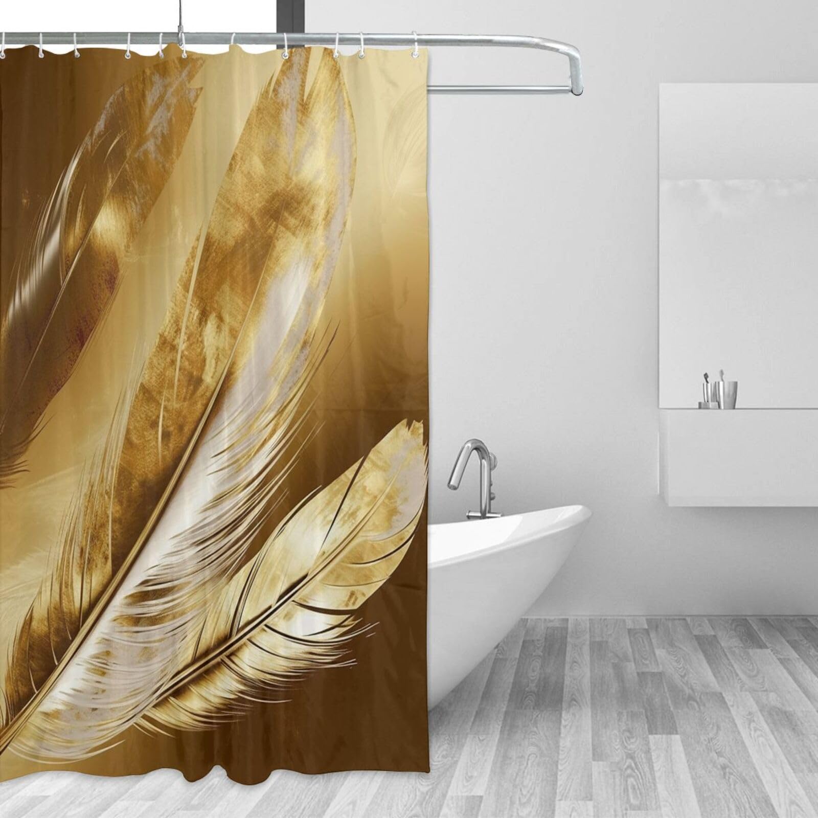 Rideau de douche haut de gamme aux finitions plumes dorées chic de 183 cm