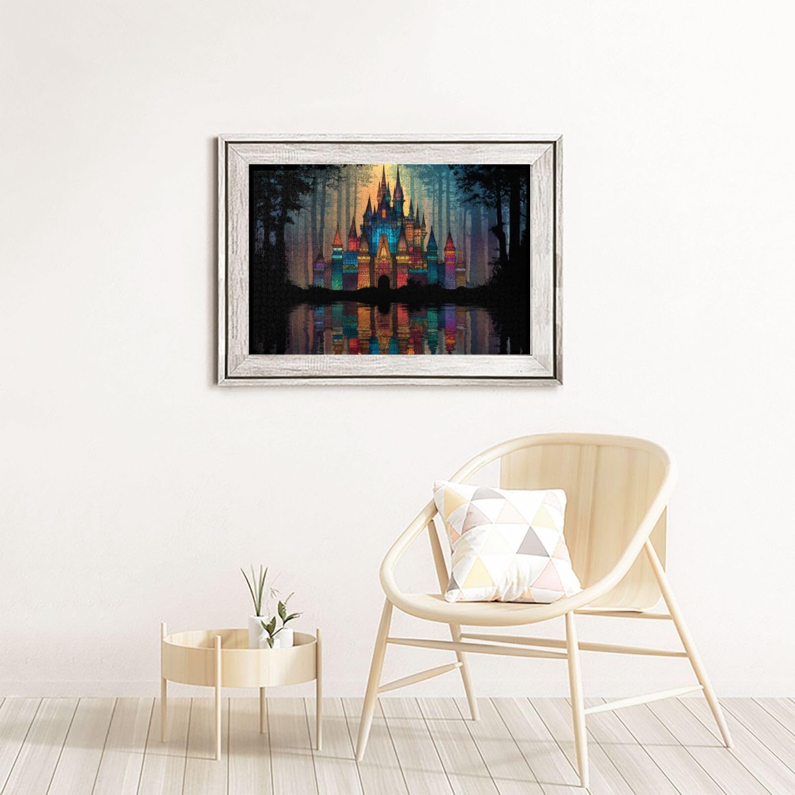 Puzzle pour adultes de 1000 pièces, château fantaisiste dans une forêt luxuriante avec reflet lumineux, convient pour les amateurs de puzzle et les amateurs de contes de fées lors de dîners