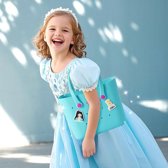 MINISO Barbie Tote Bag, Reusable Small Rubber Waterproof Bag, Cute Design Practical And Portable Handbag for Work Travel (BLUE)