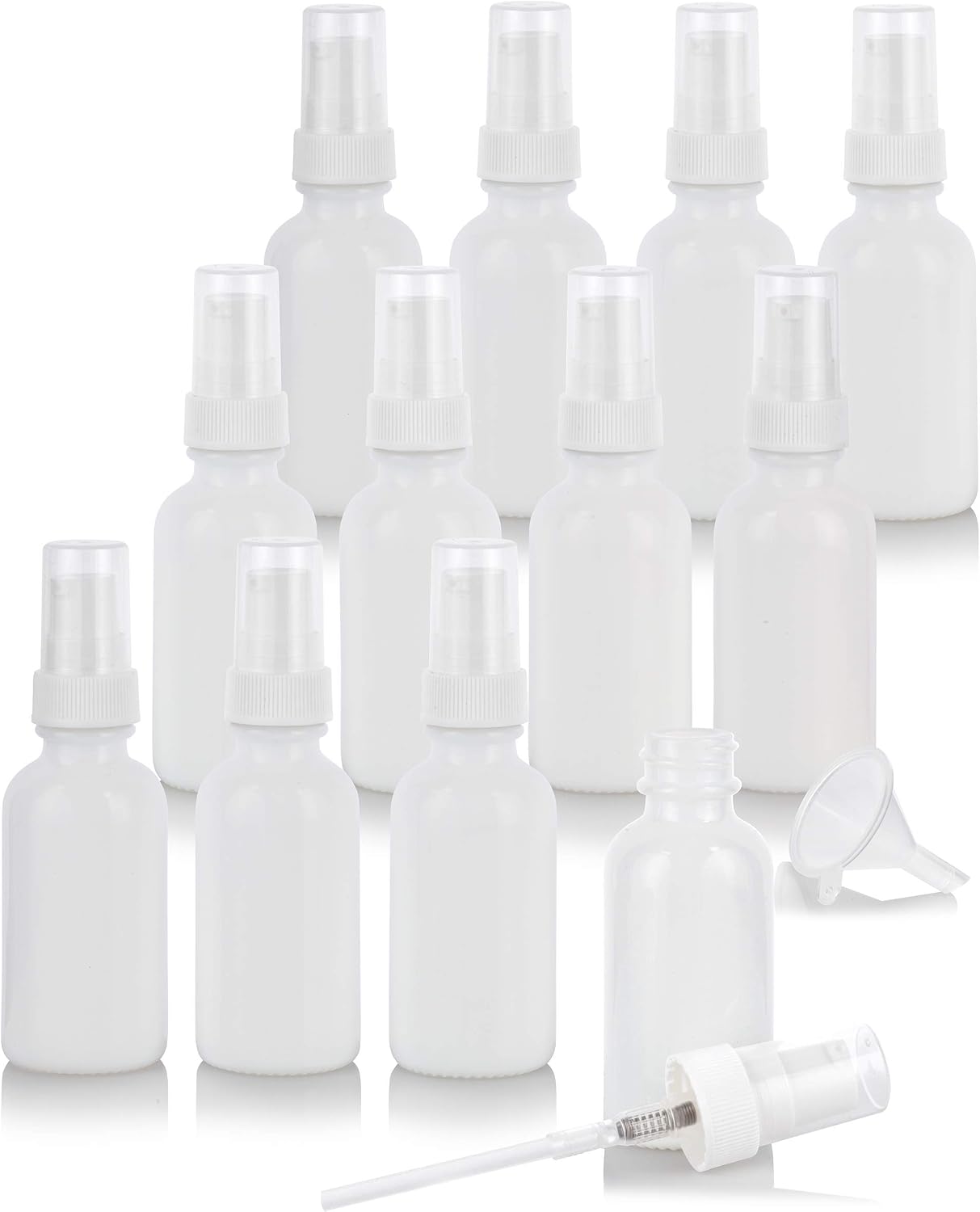 JUVITUS 1 oz / 30 ml Opal White Glass Boston Round Bottle with White Treatment Pump (12 pack) + Funnel