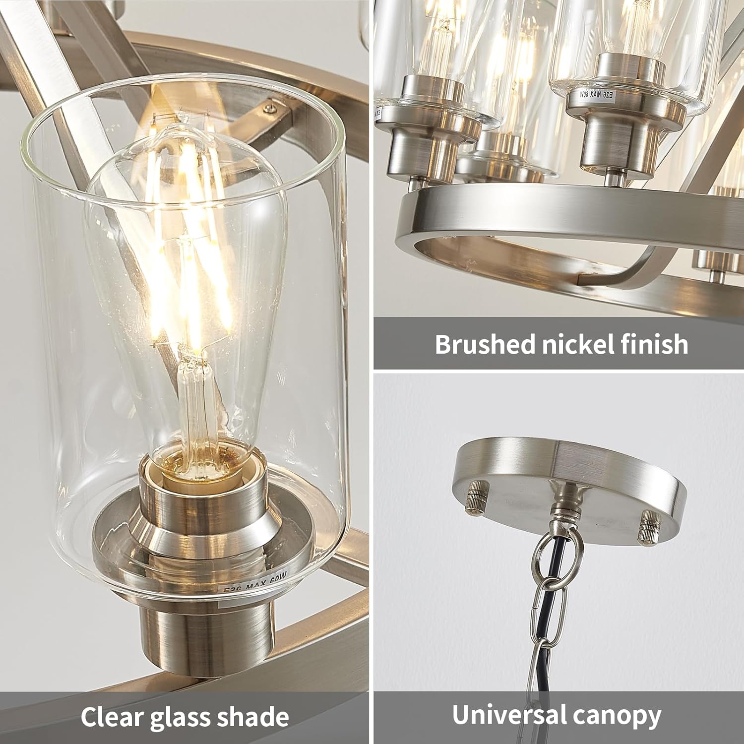 6 Light Wagon Wheel Chandelier Brushed Nickel Modern Dining Room Light Fixture Pendant Lighting for Living Room Kitchen Island Foyer Bedroom, Adjustable Height Metal E26 Base with Glass Shade