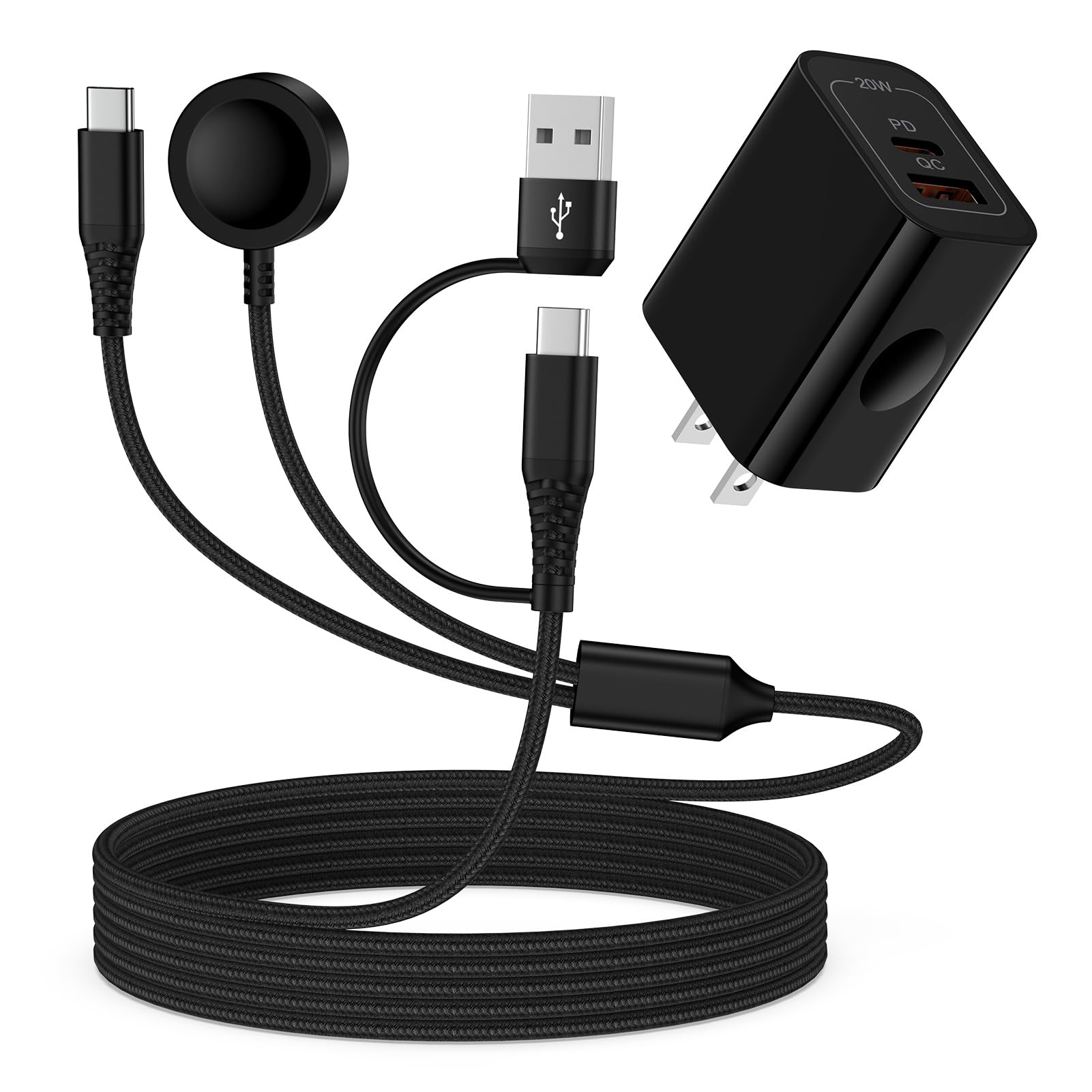 Cargador de reloj Samsung de carga rápida compatible con Galaxy Watch 8/8 Classic/7/Ultra/6/5 Pro/5/4.2 pulgadas, 2 USB C/A, cargador de teléfono Samsung de 6 pies con bloque de carga dual de 20 W