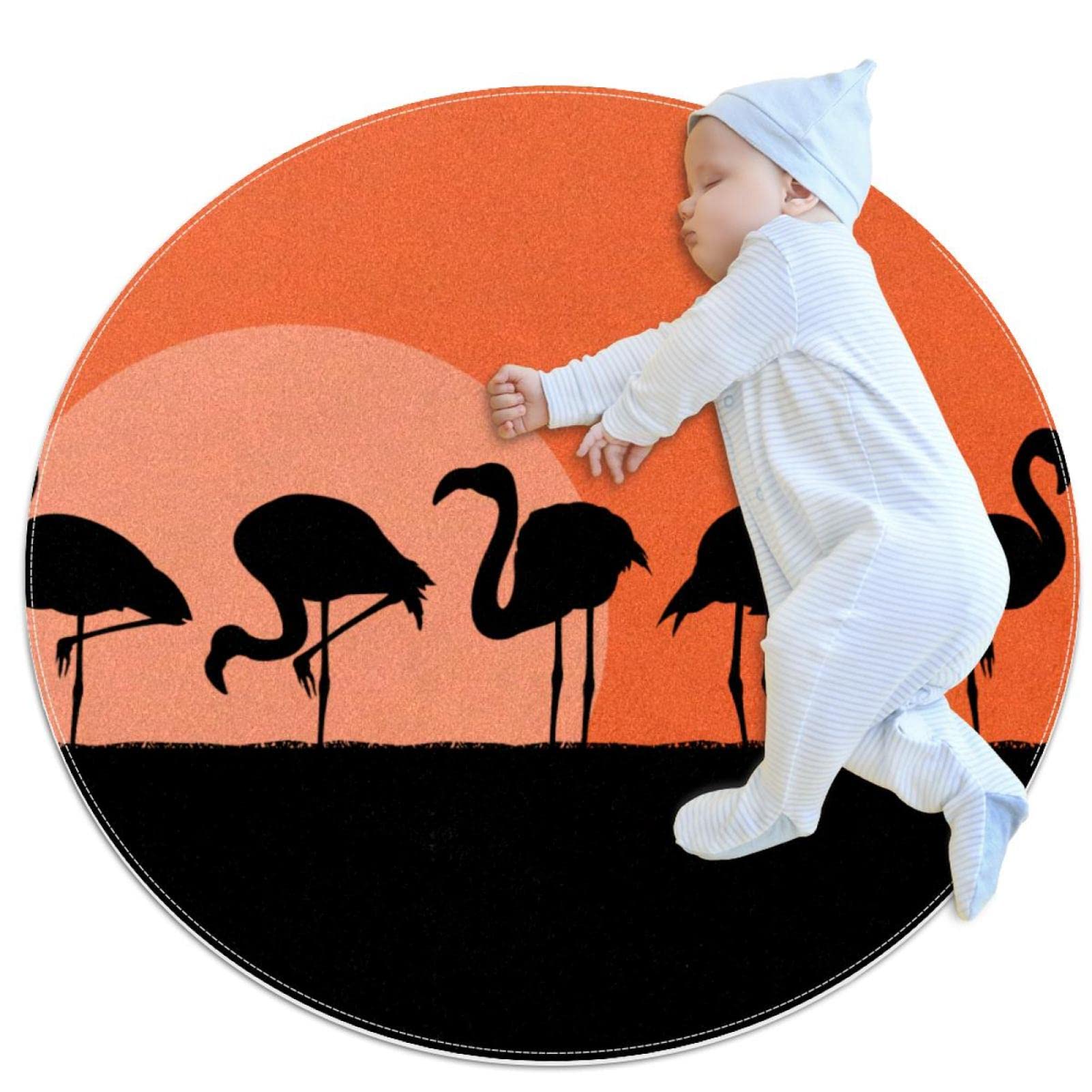 Tapis rond flamants roses déco coucher du soleil pour chambre enfant