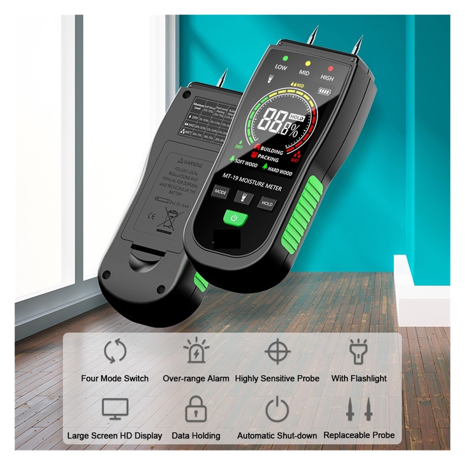 Digitales Holzfeuchtemessgerät MT19C Tester Hygrometer Detektor LCD Taschenlampe Ziegel