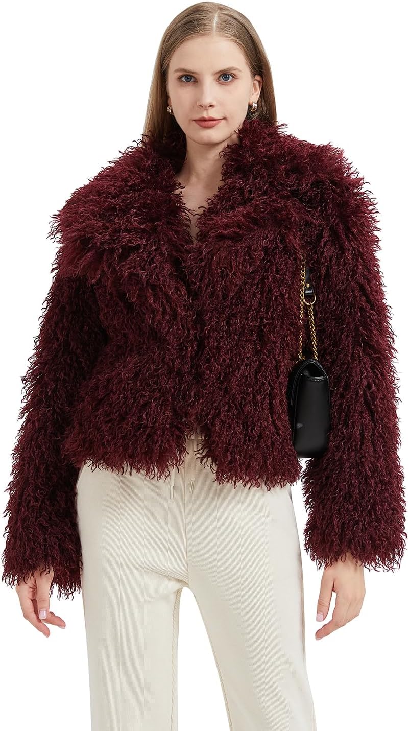 GRAN ORIENTE Women Burgundy Shaggy Cropped Jacket Coats,2025 Winter Fluffy Faux Fur Warm Long Sleeve Outerwear - Image 5