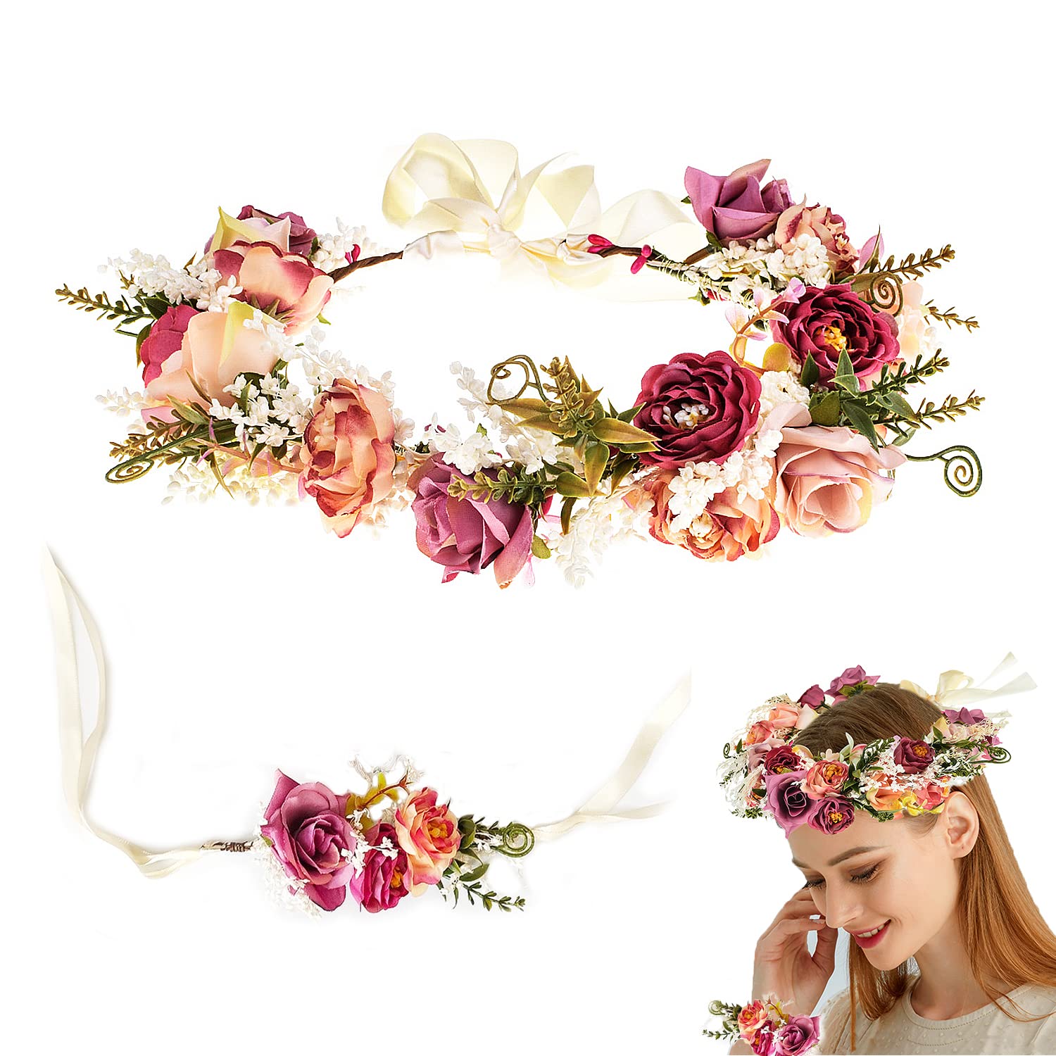 Coroncina Fiori Bambina, Ghirlanda Fiori Artificiali Corona Fiori Coroncina Sposa con Nastro, Elfo Corona di Fiori per Capelli Boho Coroncine Fiori per Halloween, Matrimonio, Festa (Fiore bianco