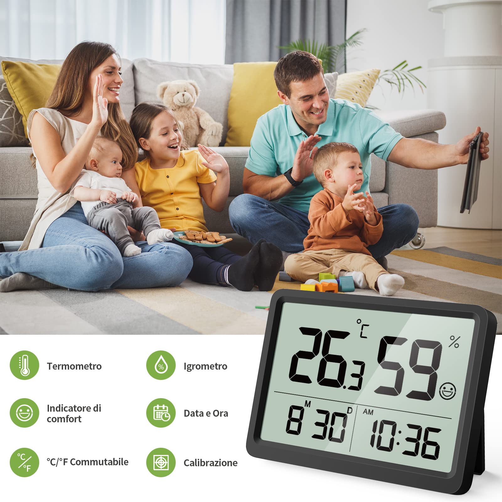 DOOMAY Termometro Digitale Igrometro per Interni: Piccolo e preciso misuratore di temperatura e umidità con grandi cifre LCD e ora data, igrometro ambientale calibrabile per la casa Garage (Nero)