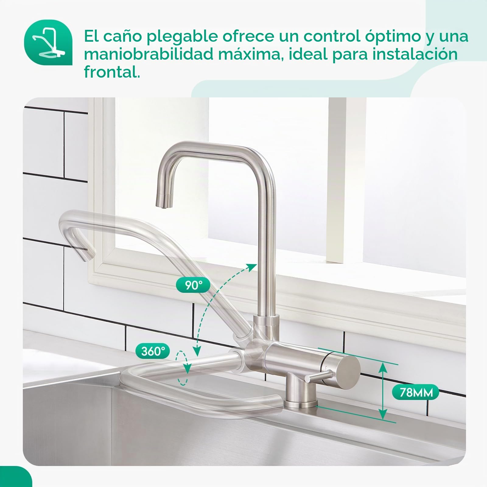 CREA Grifo de Cocina de 3 Vías, Grifo Cocina Abatible, Cepillado | Grifo de Fregadero Plegable Giratorio 360°, Grifo Cocina Bajo Ventana de Acero Inoxidable 304, 3 en 1 para Filtro de Agua