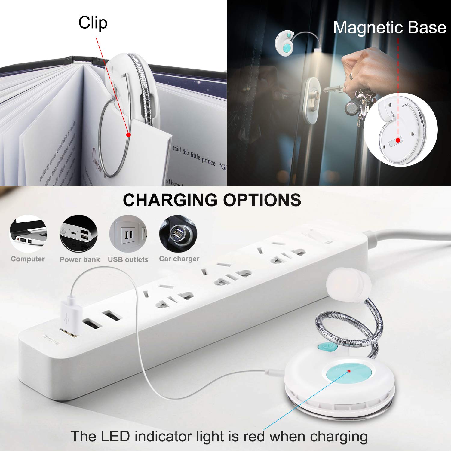 HONGUT Kids Reading Light – USB Rechargeable Book Light With 3 Brightness Settings, Flexible Neck, Clip-On Bookmark Light (Violet)