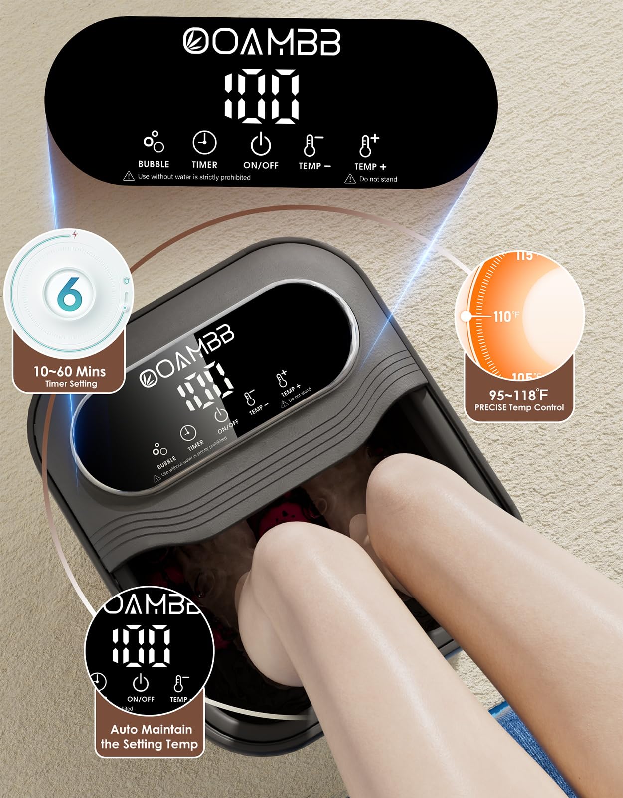 OOAMBB Spa per piedi pieghevole con controllo di calore, bolle e temperatura, massaggiatore per pediluvio con touch screen XL e rulli massaggianti, vasca da bagno per pedicure, per alleviare lo stress