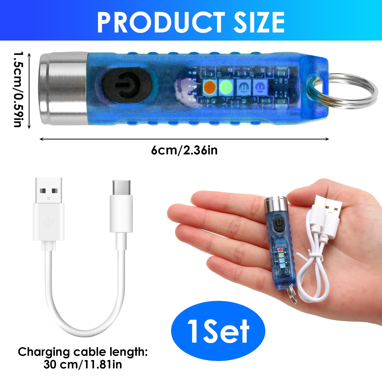 Mini Torch LED Super Bright 400LM USB-C LED Rechargeable Pocket Keychain Torch with UV Red Blue Light IP65 Waterproof 6 Modes Keyring Flashlight with Magnet for Night Camping (Blue) - Image 2