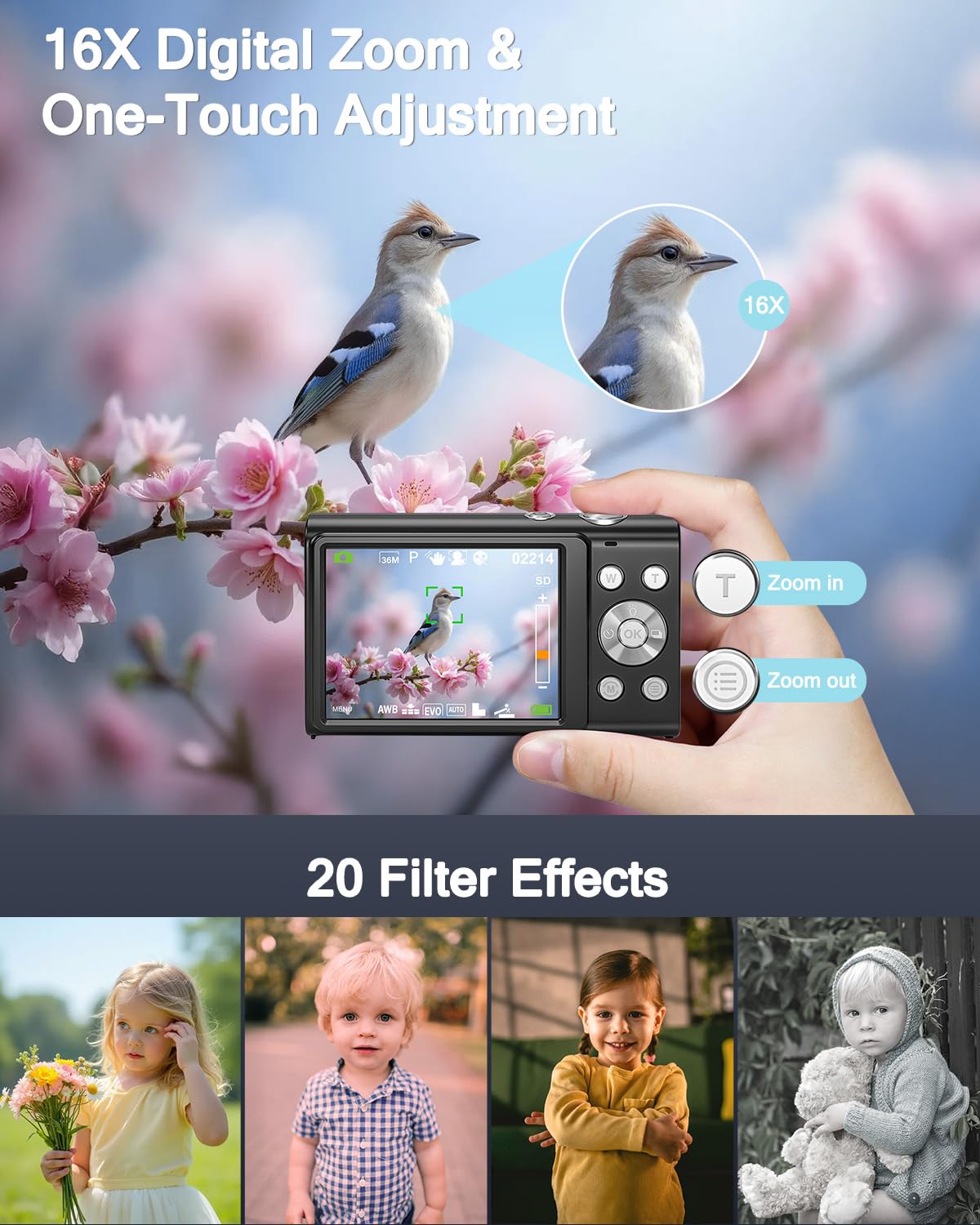 4K HD Cámara Digital 48MP Autofocus Cámara de Fotos con Tarjeta SD de 32 GB, Cámara Compacta Zoom 18X y 2 Baterías, Recargable Compacta Portátil Cámara para Principiantes