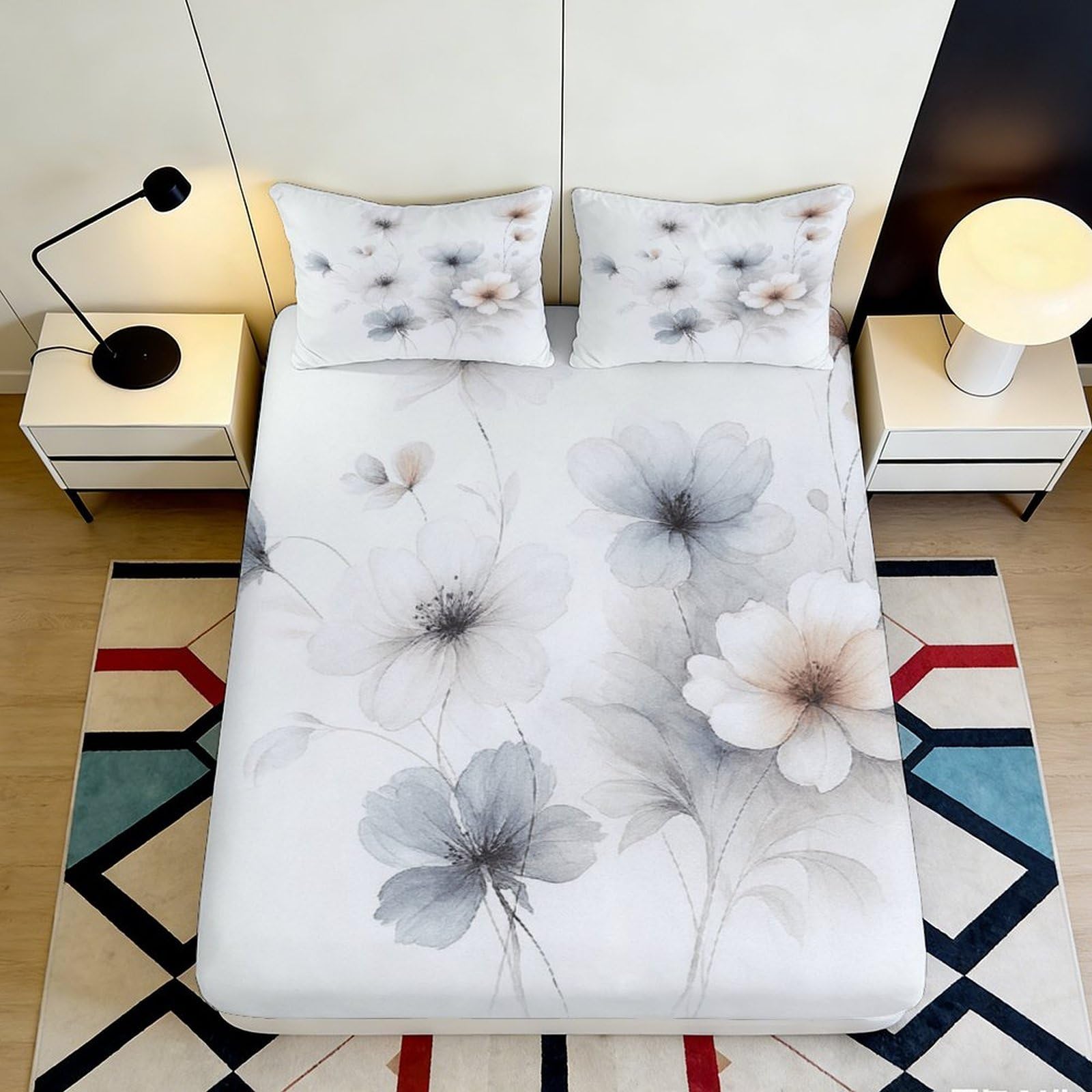 3D Printed Watercolor Floral Fitted Sheet Microfiber Soft Decorative Pastel Blossom Bed Cover for Bedroom Guest Room 90x200x25cm