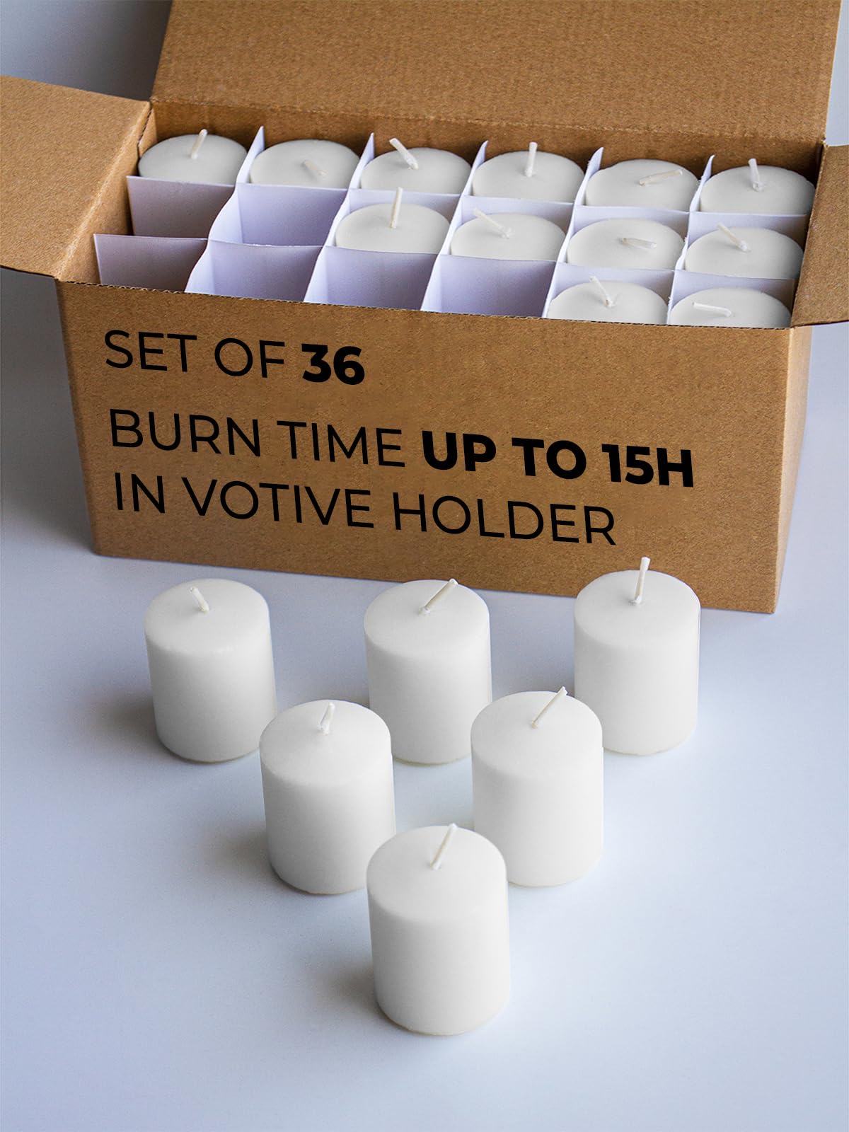 White Votive Candles Set of 36 Unscented Smokeless 15 Hour in Votive Holder