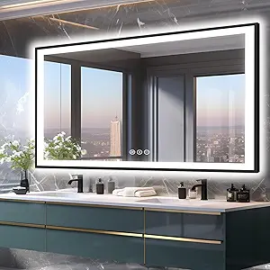 72x40 Lighted Mirrors for Bathroom Wall, Modern Rectangle Matte Black Mirror, Tempered Glass,Double Lights, 3 Colors Dimmable Temperature, IP54 Enhanced Anti-Fog, Memory (Horizontal/Vertical)