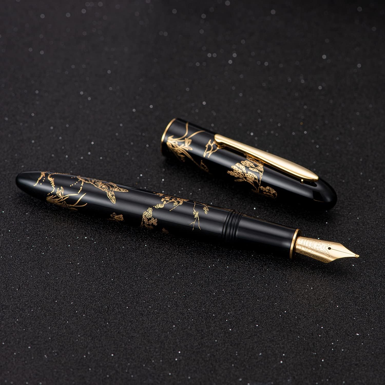 HONG DIAN N23 Black Rabbit Fountain Pen, Iridium Extra Fine Nib Gold Trim, New Year Lucky Rabbit Carving Design, Smooth Writing Pen with Converter and Metal Pen Box Set