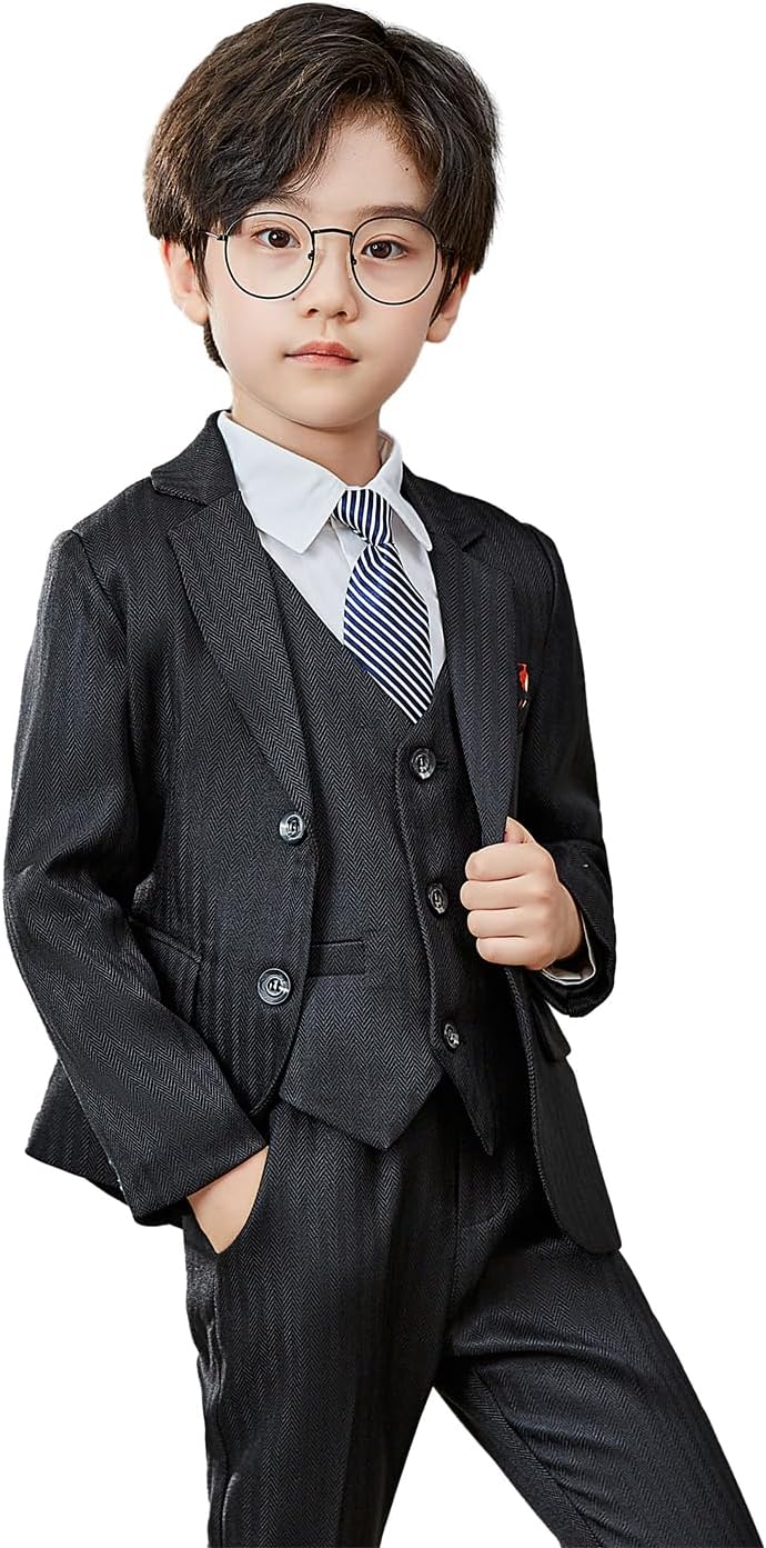 Boys Suit Formal 3 Piece Set Slim Fit Kids Tuxedo Toddler Blazer Vest Dress Pants Ring Bearer Outfit