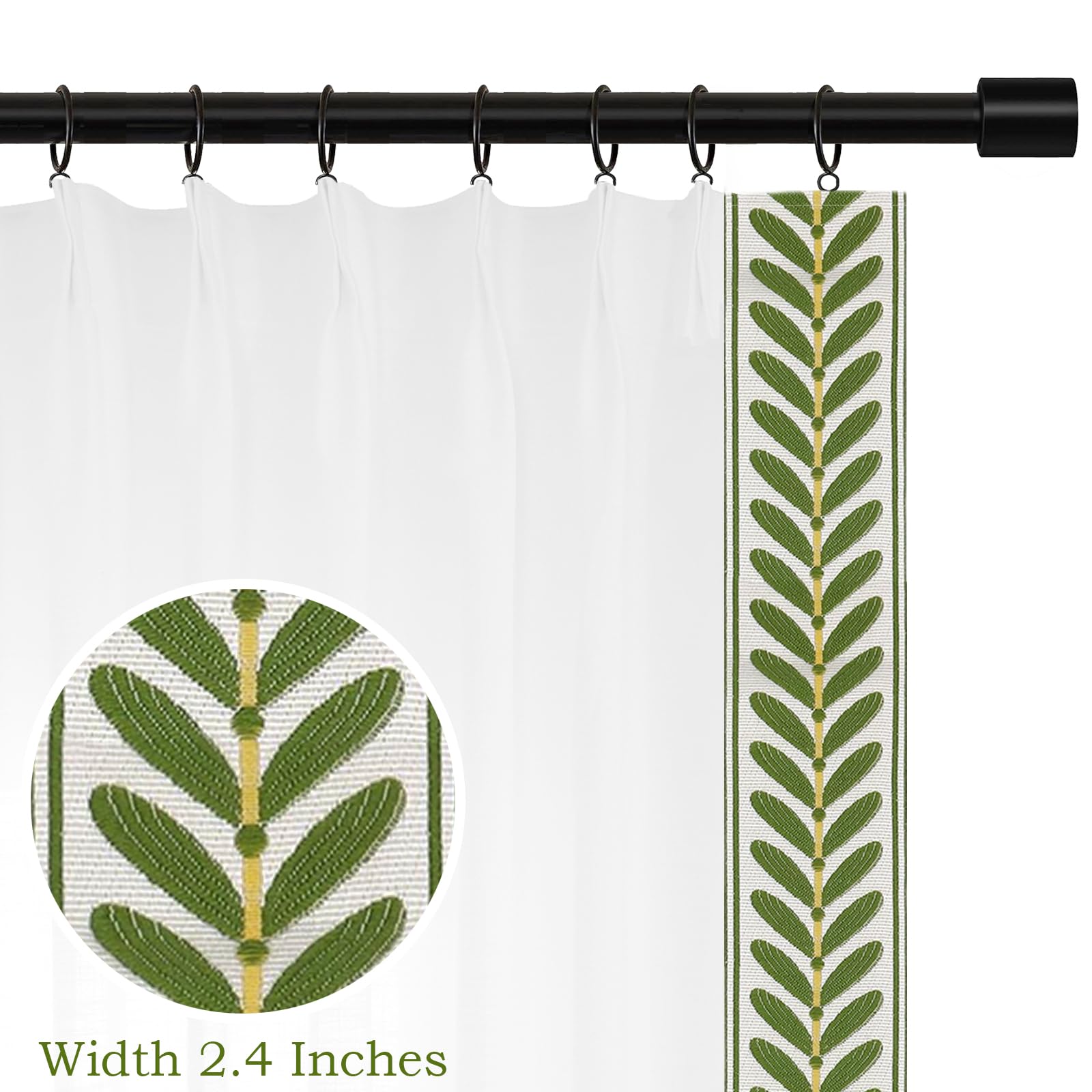DotheDrape Pinch Pleated Curtains with Green Trim Border 2 Panels Set for Sliding Patio Doors Light Filtering Linen Drapes with Trim, 72W x 84L, White