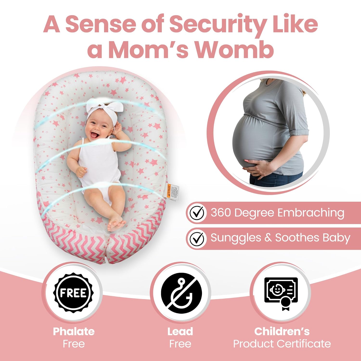 Baby Lounger for Newborn 0-24 Months, with Mosquito Net, Breathable & Soft Baby Nest, Portable & Lightweight (Pink)