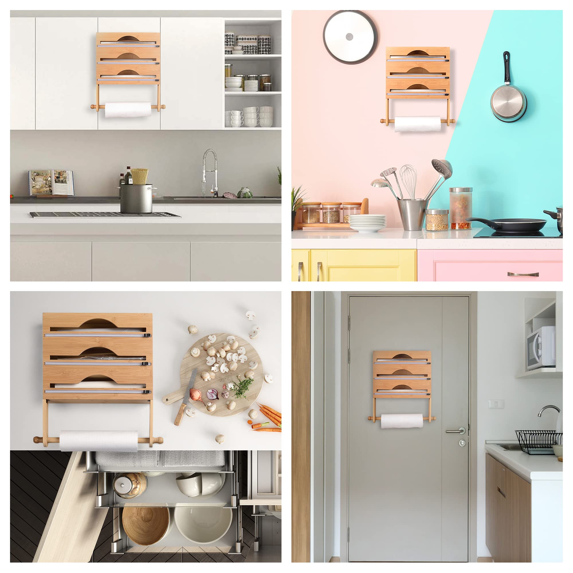 Organizador De Envoltorios 5 En 1 Para Cocina - Dispensador Papel Aluminio, Bolsas, Montado En Pared, Madera