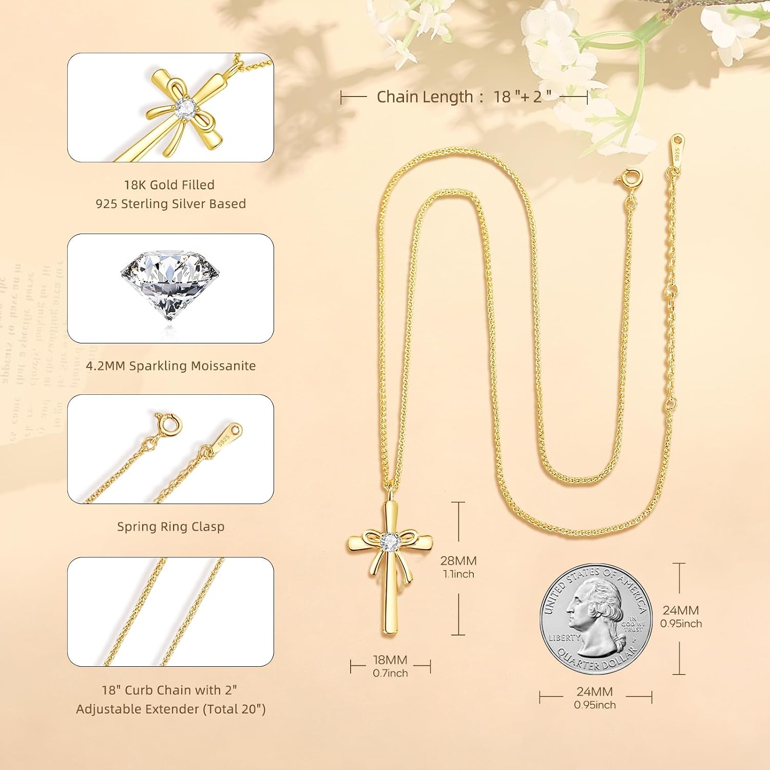 Moissanite Gold Cross Necklace for Women, 18K Gold Filled Sterling Silver Cross Necklace Pendant, Anniversary Birthday Christmas Valentines Day Gifts for Wife Mom Her with LED Light-Up Gift Box