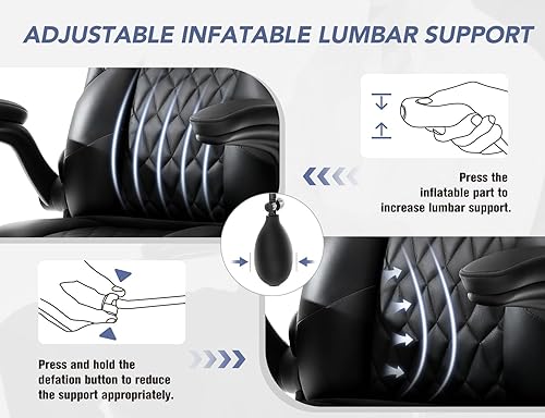 Miniatura 4 de Silla de oficina con soporte lumbar inflable, silla de escritorio ergonómica de cuero para computadora con brazos abatibles, bloqueo de inclinación