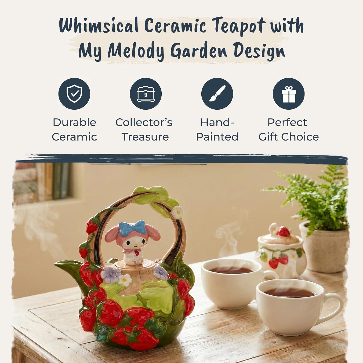 Blue Sky Clayworks My Melody Strawberry Garden Teapot, 8" L x 7" W x 8" H, Whimsical Strawberry-Garden Charm