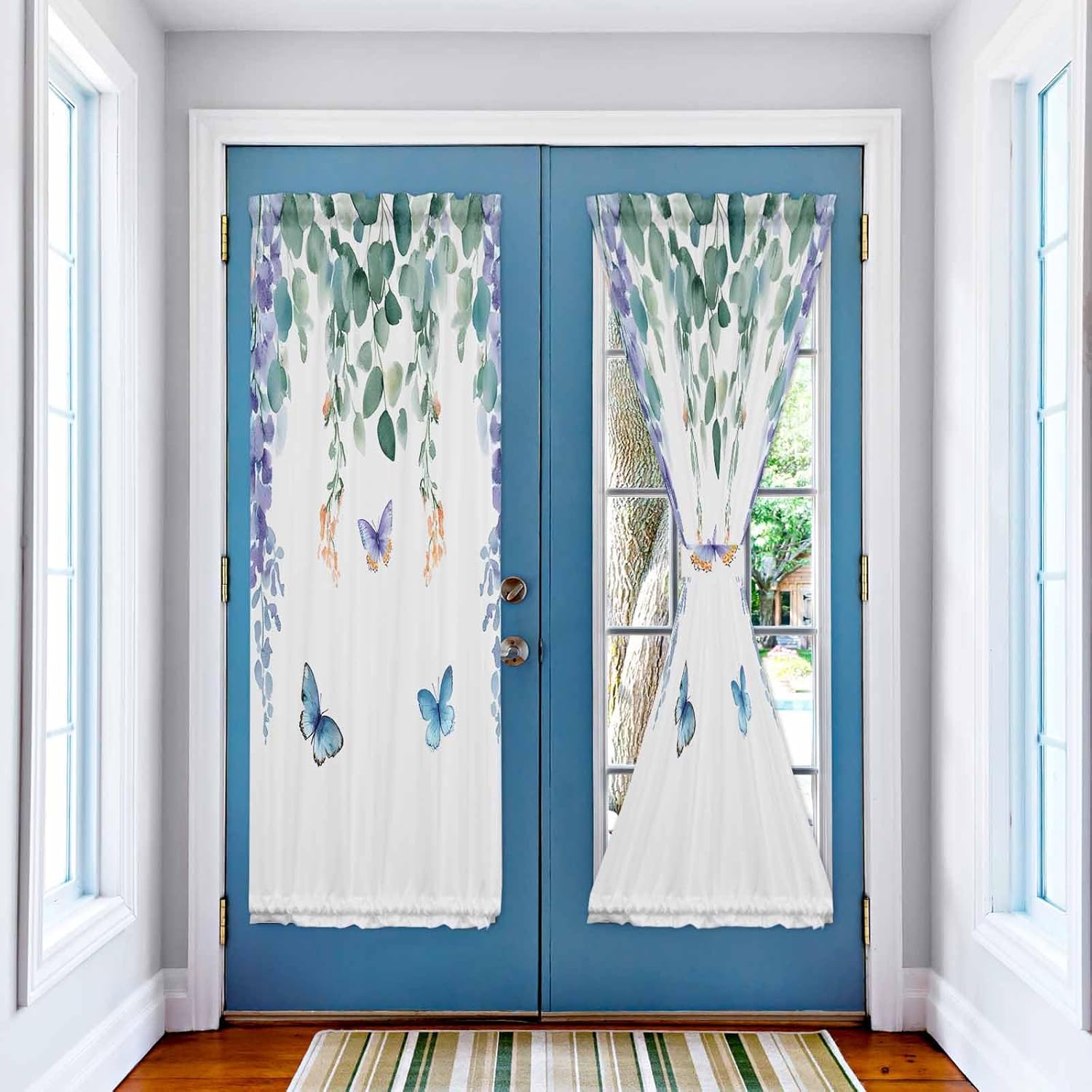 Eucalyptus Leaves Door Curtain 25" W x 72" L Butterfly Door Window Curtains Spring Summer Rustic Light Filtering Curtains for Door Window Sidelight Drapes for French Door Living Room