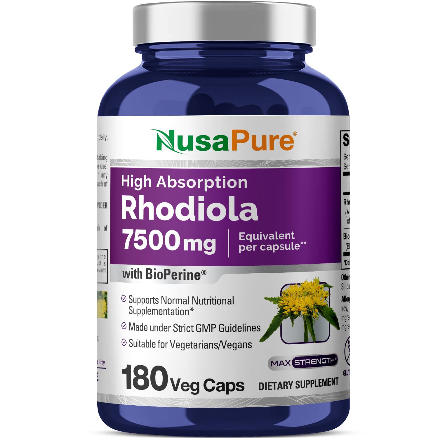 NusaPure Rhodiola Rosea 7,500mg 180 Veggie Capsules (Non-GMO, Extract 30:1, Vegan & Gluten-Free) Bioperine