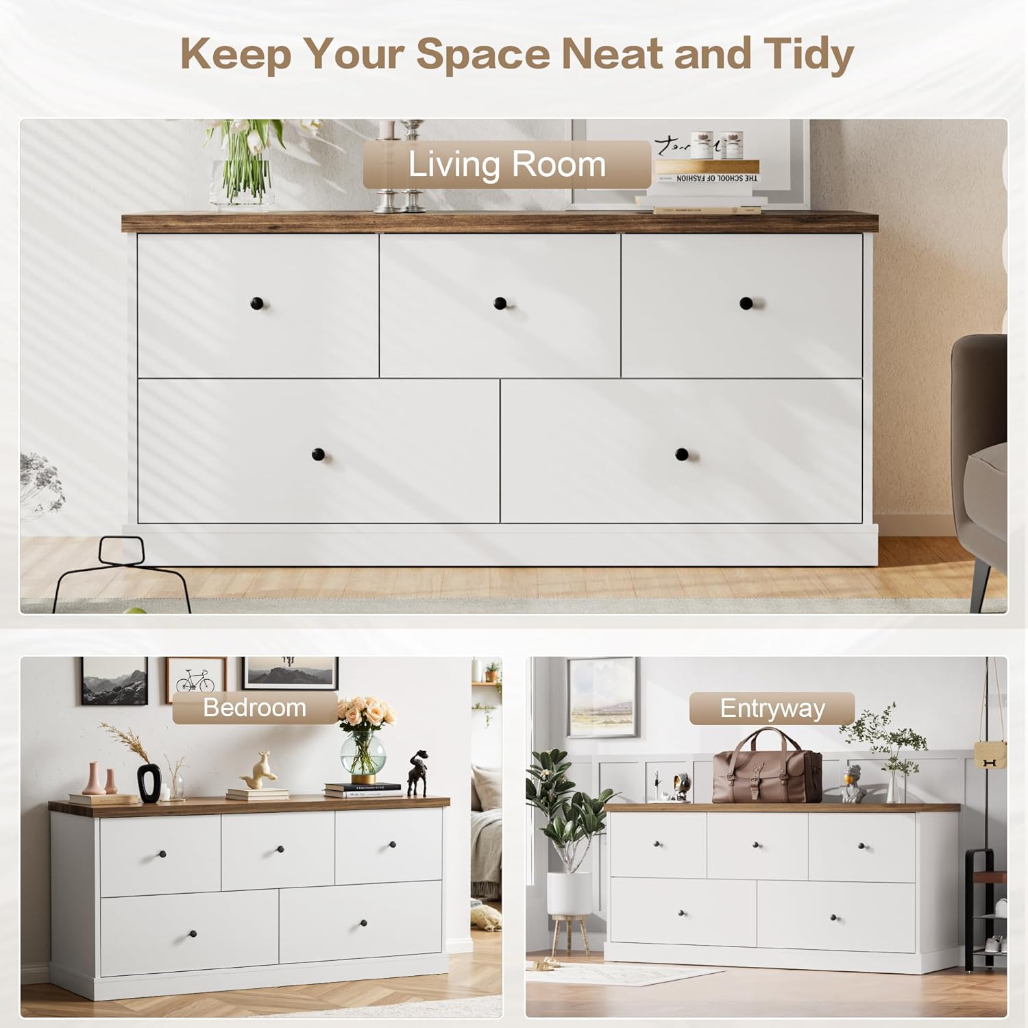 Dresser in various room settings: living room, bedroom, and entryway.