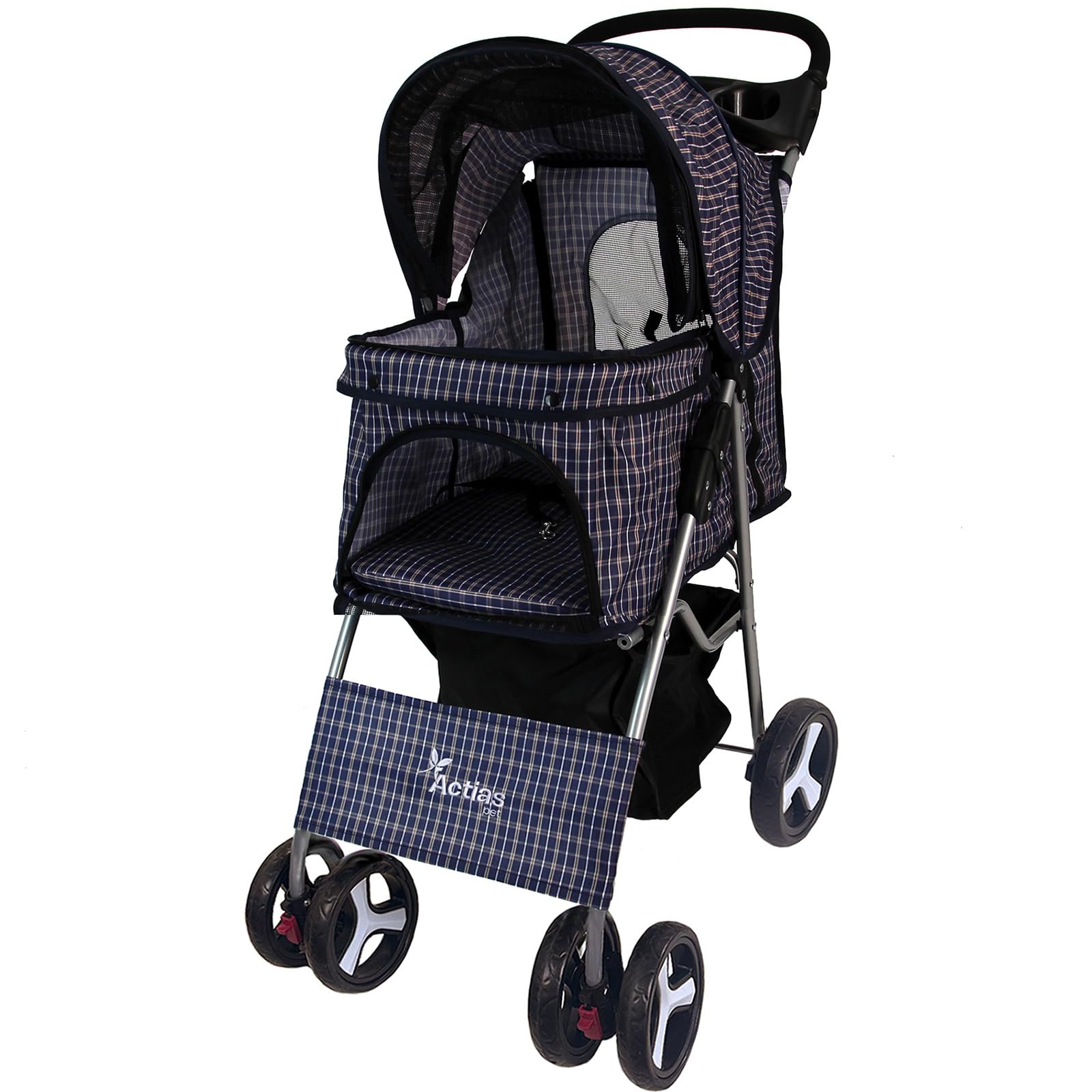Actiaspet - Foldable Pet Stroller with Swivel Wheels | 15kg Carrying Capacity Collapsable Pet Push Chair Buggy (Blue Tartan, Stroller) — image 1