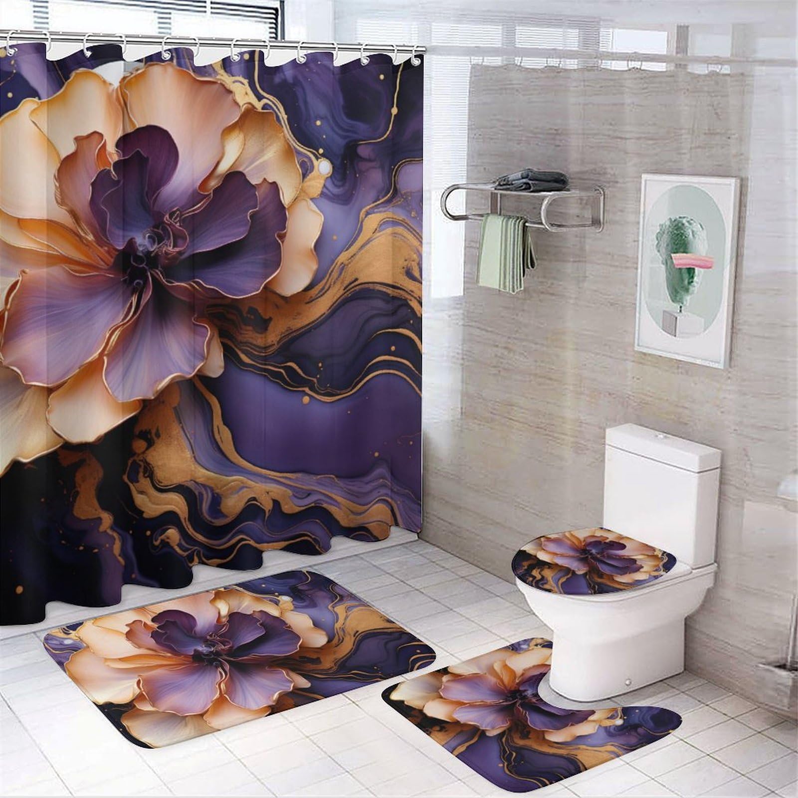Photo 1 of **MISSING CURTAIN** HDESDIS 4Pcs Marble Floral Shower Curtain Set with Rugs, Toilet Lid Cover and Bath Mat, Purple Gold 3D Flower Petal Moire Bathroom Curtains Decor Shower Curtains, 72" x 72"