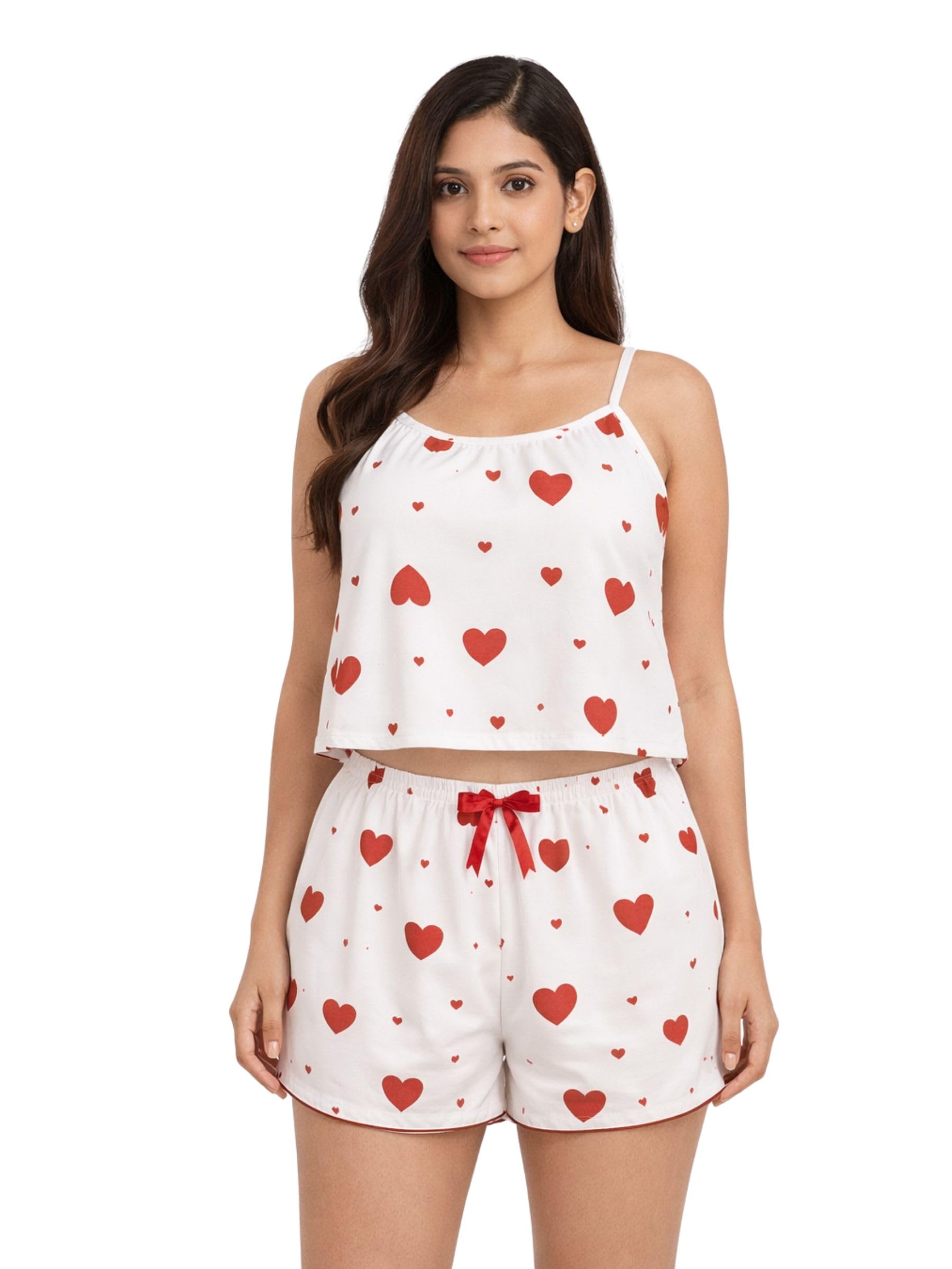 aayanshi Women's Heart Print Cami and Shorts Pyjama Set, Print Spaghetti Strap, Drawstring Waist-picture-20