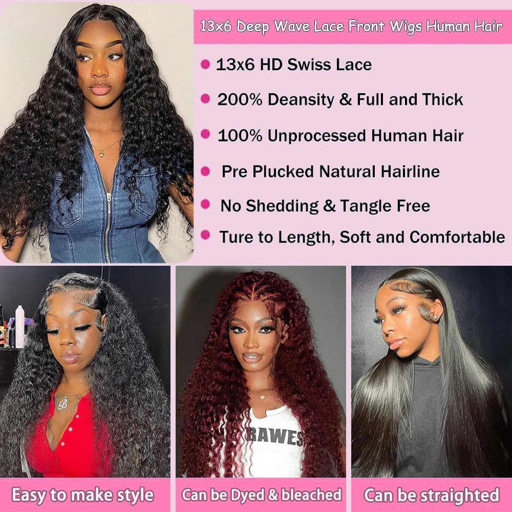 Deep Wave Lace Front Wigs Human Hair 13x6 HD Transparent Lace Frontal Wigs Human Hair Pre Plucked Baby Hair Brazilian Deep Curly Wig 200 Density Glueless Frontal Wigs for Black Women 24 Inch