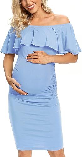Miniatura 3 de Vestido de maternidad ajustado con volantes y hombros descubiertos, vestido de embarazo formal para baby showerfotografía